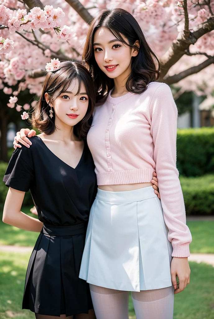 (highest quality, masterpiece, realistic, Super detailed, ultra high resolution, to be born:1.3), (Two Women:1.5), beautiful, Japanese, mature, 28yo, office workers, (tight knit, short skirt、I can see your pants), ({money| Silver| wine-red| navy| pink| yellow green| violet| sky blue} Clothes), (smile), (bangs), high waist, necklace, (office, indoor, glass room), (long legs, high heels, full body:1.2), (Medium :1.3), (crowd)tights、pumps