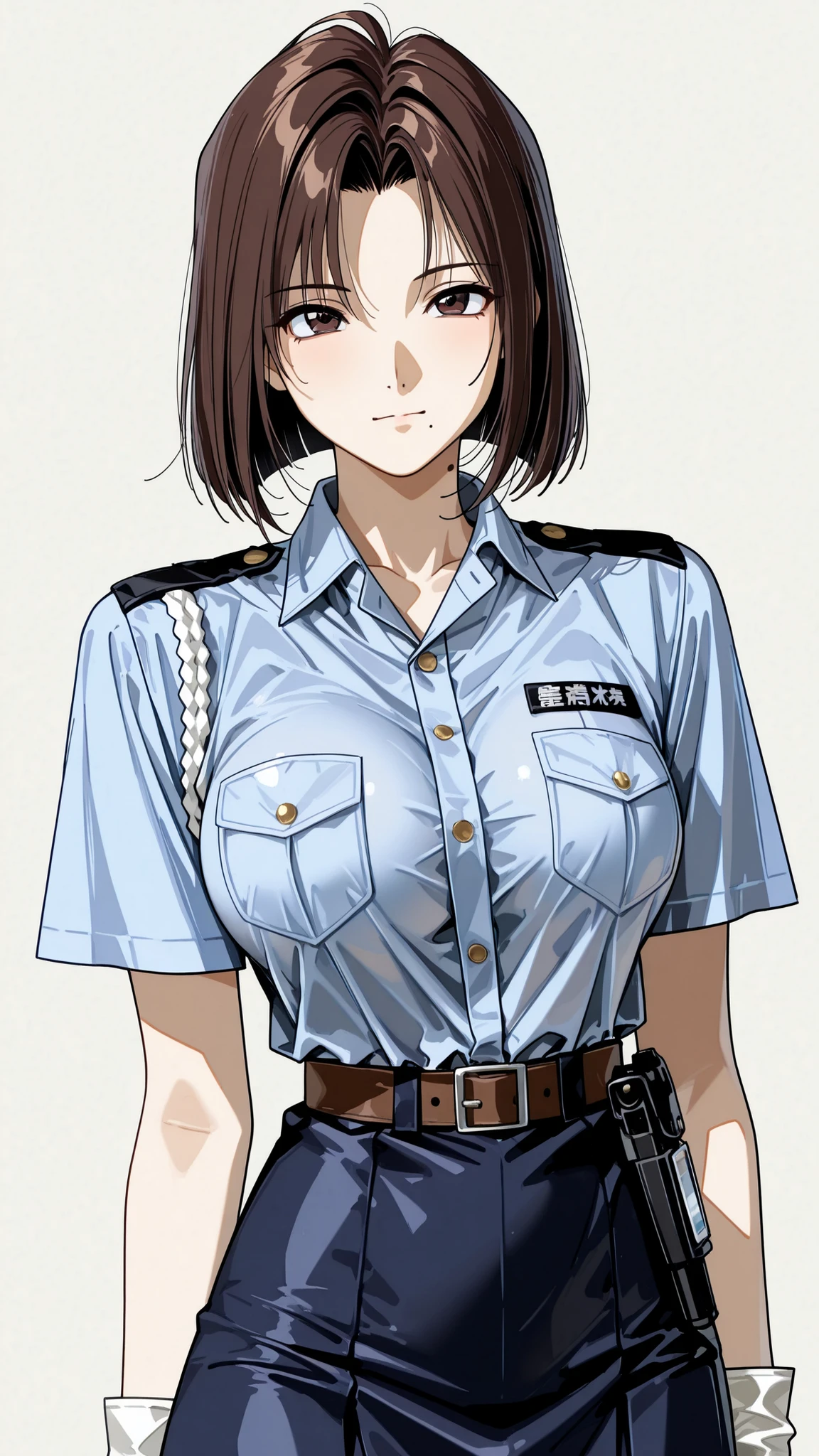 The golden ratio, Proper composition, beautiful illustration, Police Uniforms, blue shirt, chest pocket, Short sleeve, white gloves, blue skirt, Sagara Natsumi, dark brown eyes, Brown Hair, flat bangs, short hair, 1990s \(style\), (masterpiece, details:1.2), Maoricus,score_9, score_8_up, score_7_up, score_6_up, score_5_up, 1girl, big boobs, Brown Hair, wavy hair, white business shirt, GREY TIE, Brown Belt, big boobs, black ID card lanyard, black leather slim pants, The 5 anatomically correct fingers, Mole Under Mouth, short head, close-up, with panties stuck in your mouth, 8k, with panties stuck in your mouth, slim waist, thin body, beautiful Japanese women by kouenn, 20 years old, 表情のclose-up, details eyes, careful brown irises, transparent brown eyes, high resolution, big boobs standing, anatomically correct ratio :1.331, Tiny Head :1.331, Upper body angle, detailsな肌, detailsな顔, dynamic pose, Viewers looking up at her , white background,