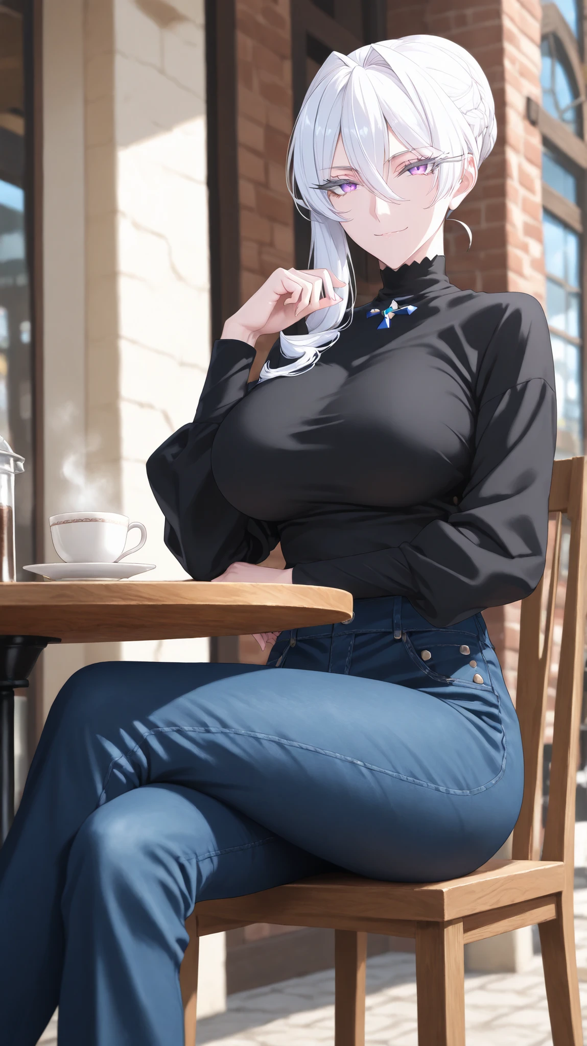 1girl, solo, anime girl, artoria pendragon (lancer) (fate), elegant mature woman, masterpiece, badass, very aesthetic, white hair, long hair, braid, braided bun, single hair bun, hair between eyes, purple eyes, sharp eye outlines, long eyelashes, light makeup, looking at viewer,  expression, small smile, , slim body, black turtleneck, navy denim jeans, sitting, legs crossed, day time, outdoor cafe, coffee, soft skin, volume light, depth of field, high detail, highres, detailed face, detailed eyes, perfect eyes, perfect composition, intricate details, detailed and polished anime style, {{Detailed hand}}, {{Perfect hand}}, {{five anatomically accurate fingers}}, 4K, 8K