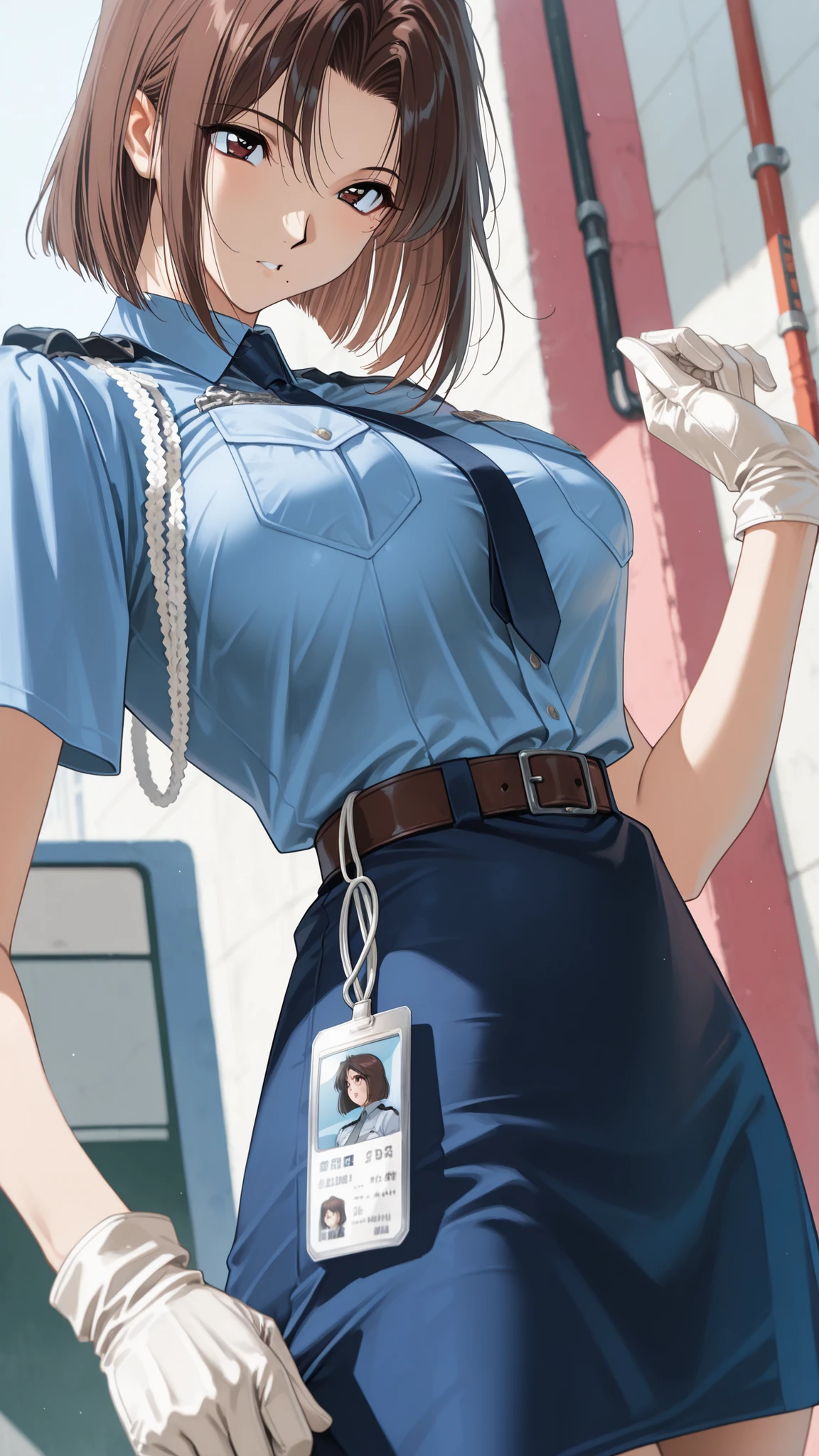 The golden ratio, Proper composition, beautiful illustration, Police Uniforms, blue shirt, chest pocket, Short sleeve, white gloves, blue skirt, Sagara Natsumi, dark brown eyes, Brown Hair, flat bangs, short hair, 1990s \(style\), (masterpiece, details:1.2), Maoricus,score_9, score_8_up, score_7_up, score_6_up, score_5_up, 1girl, big boobs, Brown Hair, wavy hair, white business shirt, GREY TIE, Brown Belt, big boobs, black ID card lanyard, black leather slim pants, The 5 anatomically correct fingers, Mole Under Mouth, short head, close-up, with panties stuck in your mouth, 8k, with panties stuck in your mouth, slim waist, thin body, beautiful Japanese women by kouenn, 20 years old, 表情のclose-up, details eyes, careful brown irises, transparent brown eyes, high resolution, big boobs standing, anatomically correct ratio :1.331, Tiny Head :1.331, Upper body angle, detailsな肌, detailsな顔, dynamic pose, Viewers looking up at her , white background,