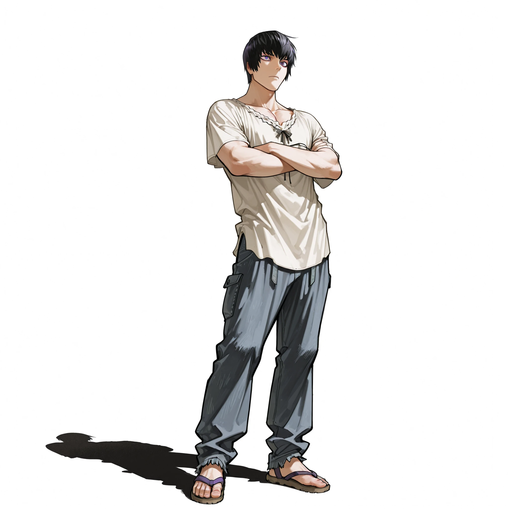 male), (teen boy), (slim body), (broad chest for teenager), (toned arms), (long legs), (black hair, Caesar cut), (purple eyes), (no beard), (solo), (single character), (full body version), (white background), (no background), (highly detailed), (shadow), (standing pose with arms crossed), (natural light), (detailed outfit), (detailed hand), (detailed face), (detailed hair) Wearing a simple village farmer formal outfit with loose long shirt, patched pants, simple sandals, giving a humble and hardworking countryside vibe. (Death note style art)
