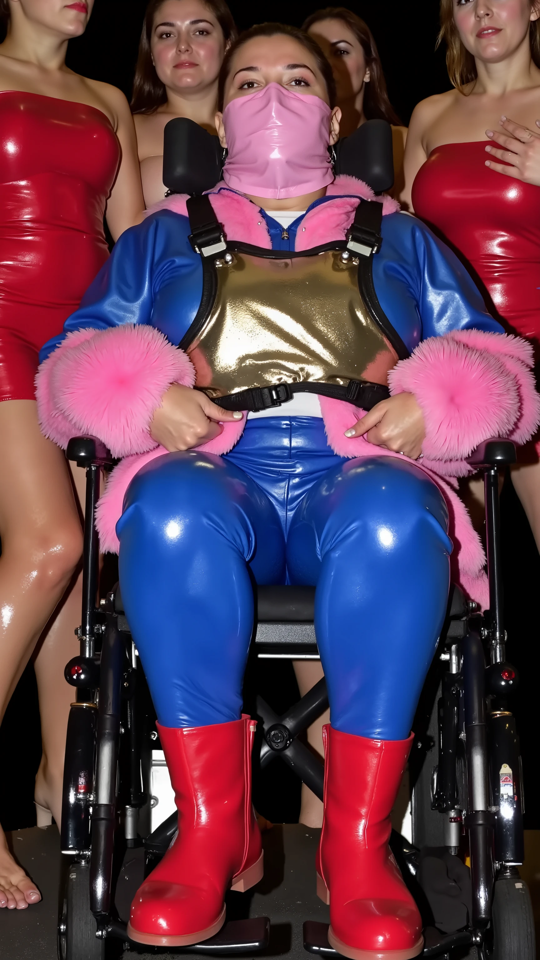 A 53 year old fat woman weighing 320 pounds wearing a soft pink rubber OTNTapegag that covers the eyes mouth but leaves the nostrils open, the woman wears a blue and pink fur leather coat, the woman wears blue rubber pants, the woman has red boots, she is wearing a shining gold lead vinyl wheelchair harness that is heavy and covers most of her  and has locking buckles, she wears a shiny silver wheelchair hip belt, she is in a night club on a stage with dancers around her in red latex dresses