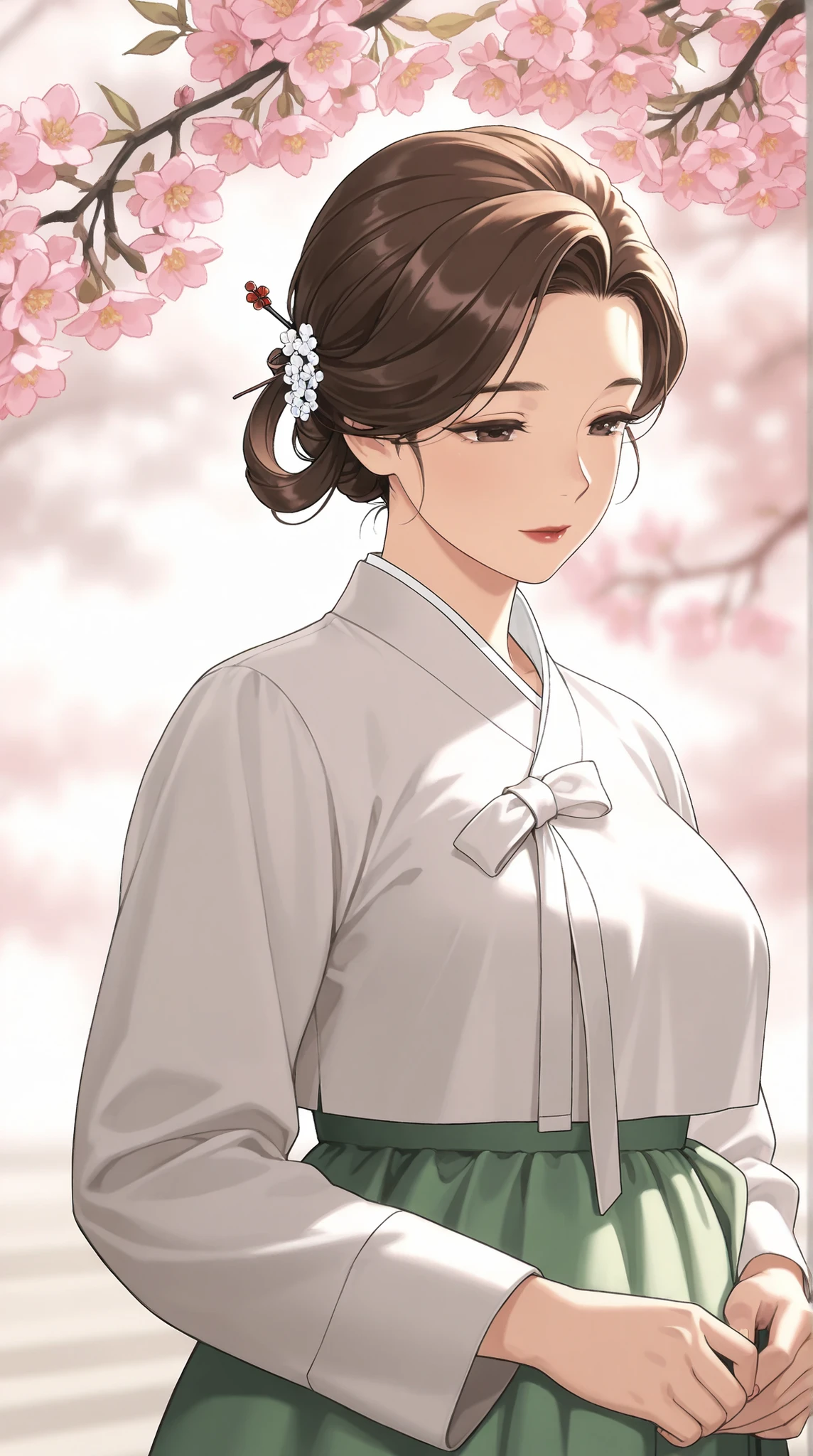 mature woman, Korean dynasty, Brown Hair, hair ring, Hairpin, There are, mature, soft lights, Advanced Details, Highest Quality, cowboy shot, close-up, Scenery, EXTERIOR, Flower, branch, Outdoors