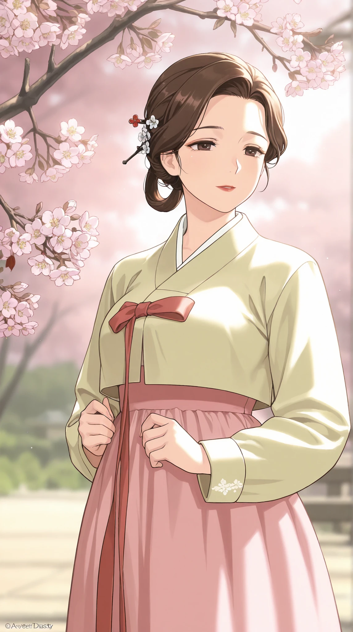 mature woman, Korean dynasty, Brown Hair, hair ring, Hairpin, There are, mature, soft lights, Advanced Details, Highest Quality, cowboy shot, close-up, Scenery, EXTERIOR, Flower, branch, Outdoors