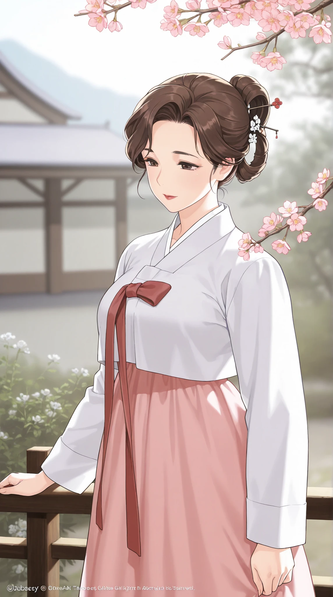 mature woman, Korean dynasty, Brown Hair, hair ring, Hairpin, There are, mature, soft lights, Advanced Details, Highest Quality, cowboy shot, close-up, Scenery, EXTERIOR, Flower, branch, Outdoors