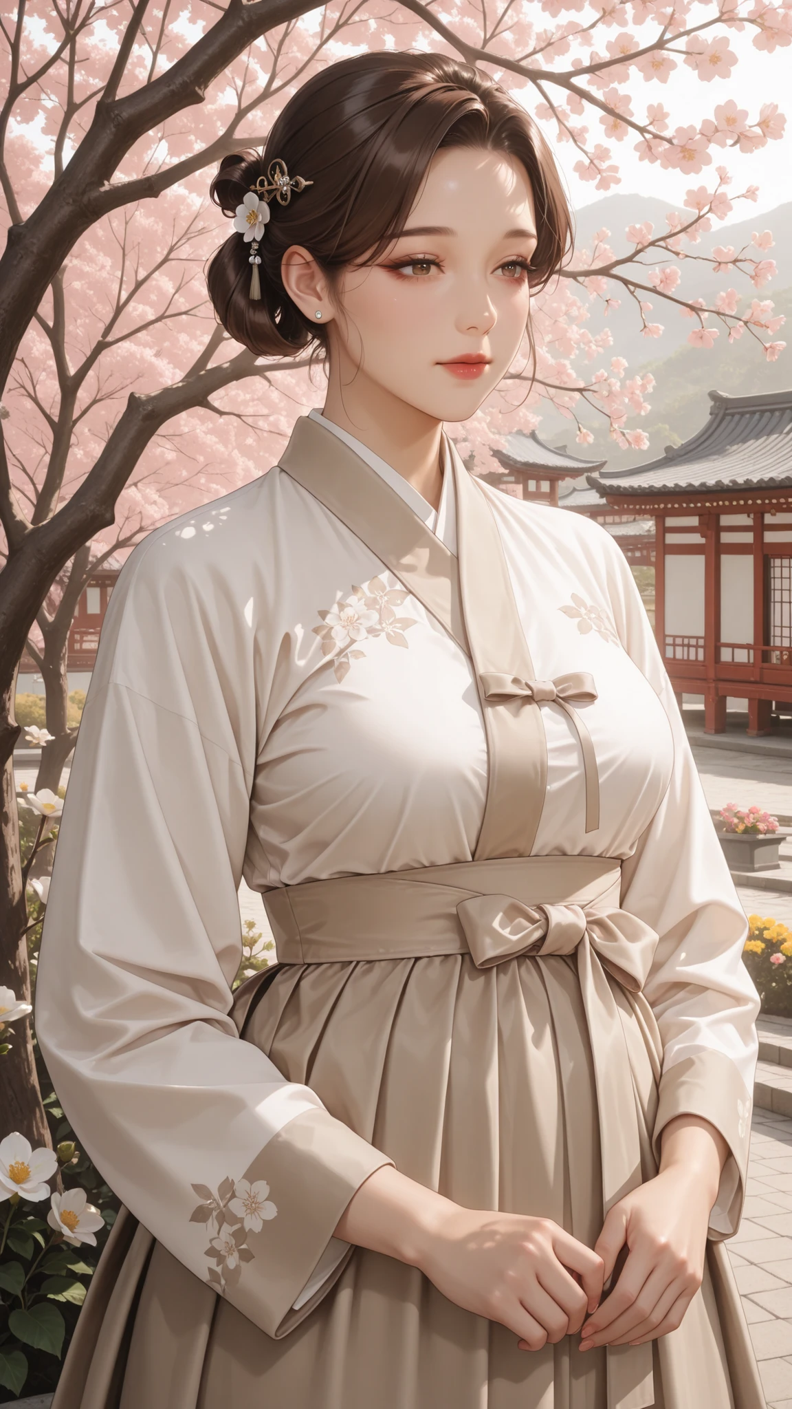 mature woman, Korean dynasty, Brown Hair, hair ring, Hairpin,  There are, mature, soft lights, Advanced Details, Highest Quality, cowboy shot, close-up, Scenery, EXTERIOR, Flower, branch, Outdoors 