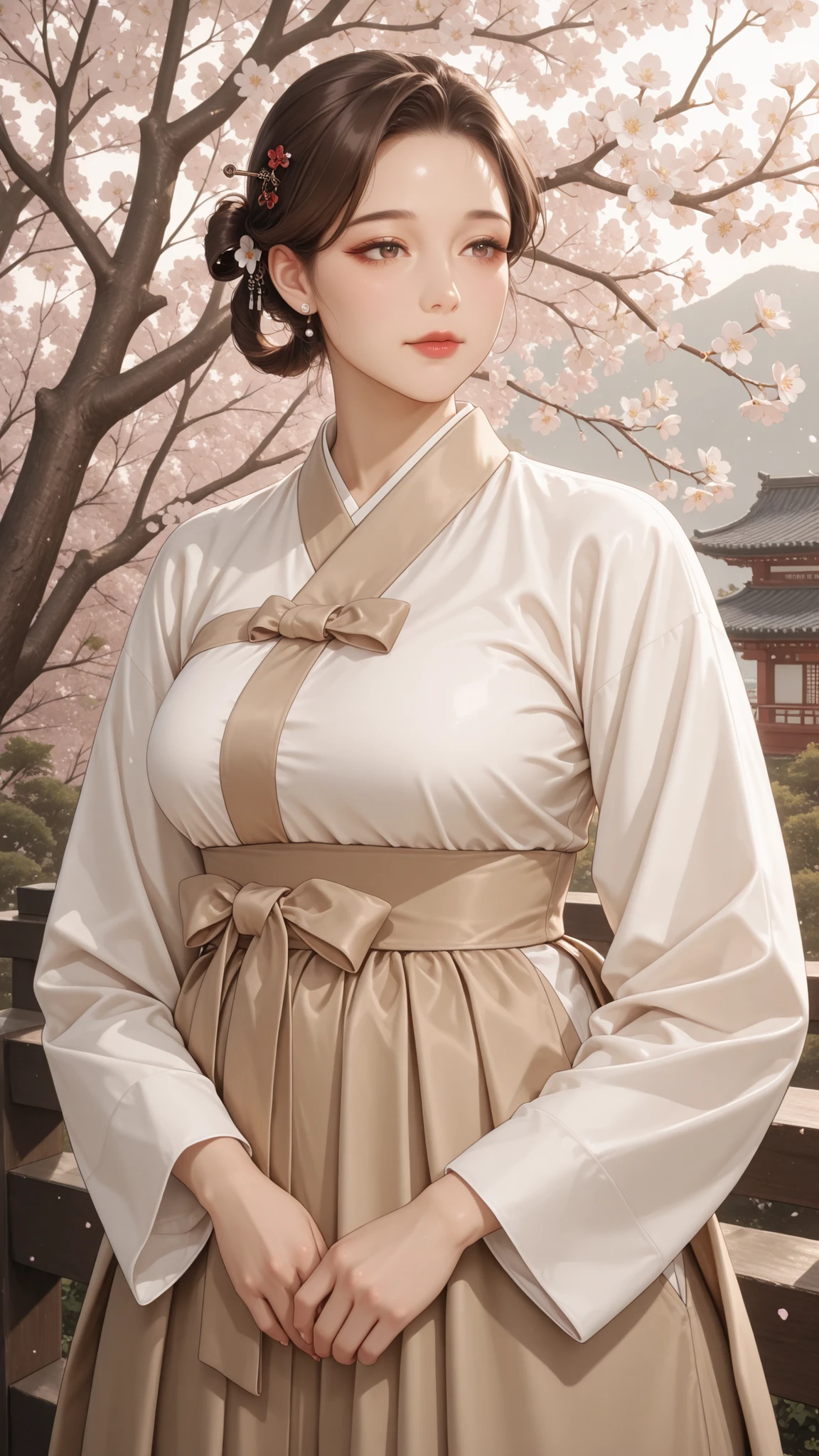 mature woman, Korean dynasty, Brown Hair, hair ring, Hairpin, There are, mature, soft lights, Advanced Details, Highest Quality, cowboy shot, close-up, Scenery, EXTERIOR, Flower, branch, Outdoors