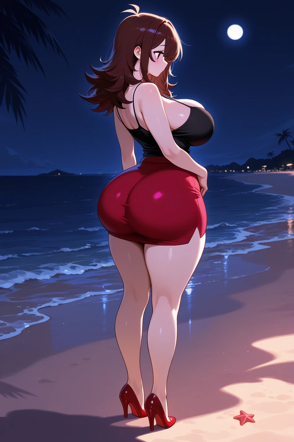 Masterpiece, extremely detailed, best quality, (1 girl), Frenni Fazclaire++), very , thick thighs, huge , very curvy body, wearing an orange garter belt lingerie, hands are lifting her , back turned to viewer, facing away from viewer, view from low angle, (focus on her body), on a sunny beach, rainbow sunset, hair is let down and curly, her body is dripping wet