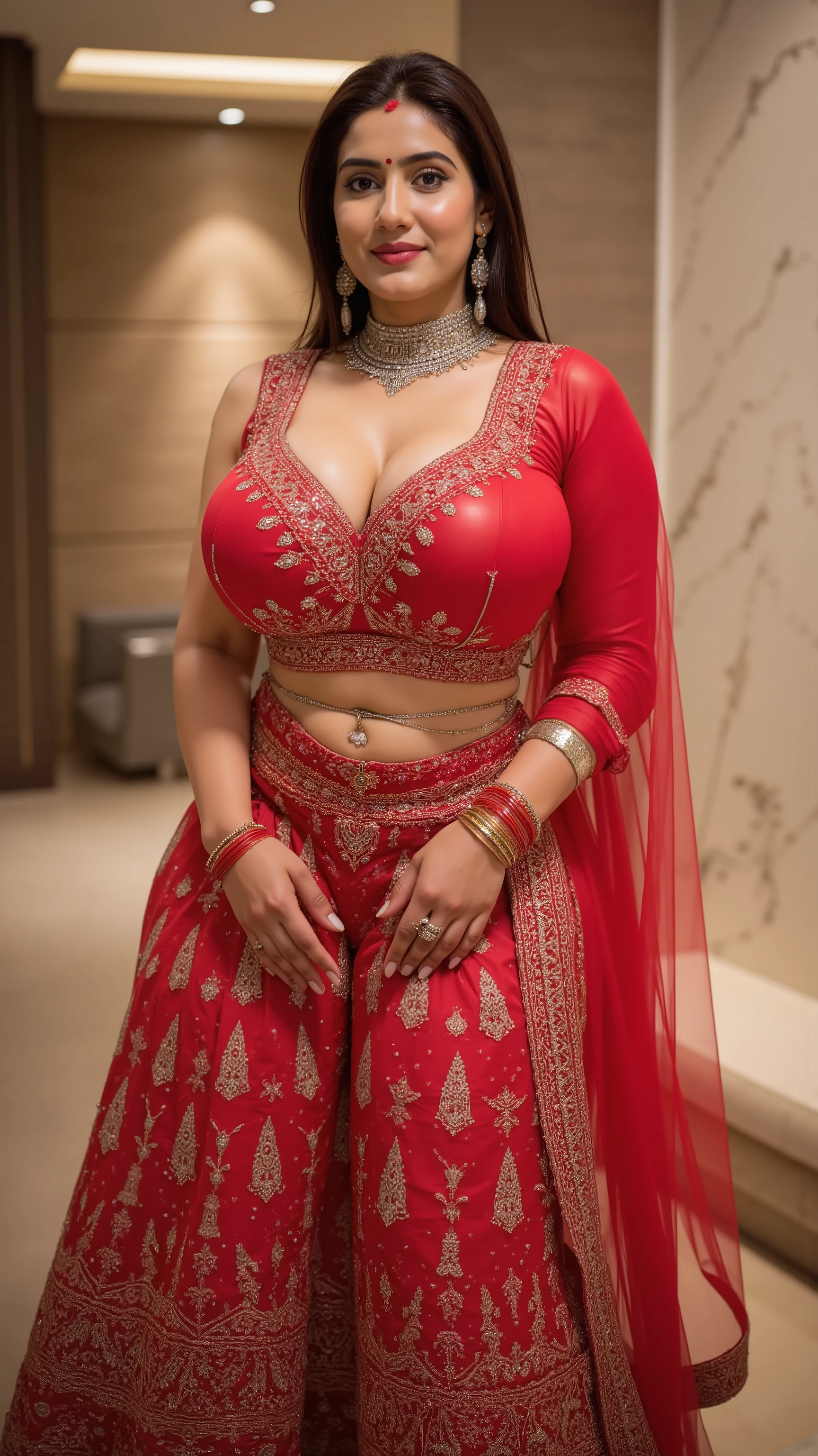 Kajal bhabhi, 35 year old woman, bindi on forhead , bangles, makeup, jhumka, nose pin ,necklace , free hair,realistic, , An elegant figure wearing a stunning red lehenga showcases intricate design and craftsmanship. The outfit consists of a rich, embellished blouse with elaborate beadwork and embroidery, paired with a flowing skirt adorned with intricate patterns and motifs. The fabric displays a vibrant red color complementing detailed golden embroidery, accentuated by silver sequins that catch the light. A gracefully draped dupatta adds a further touch of sophistication. Accessories include matching red bangles and a statement necklace featuring delicate, ornate detailing that harmonizes with the ensemble. The setting, a modern indoor space with neutral-toned marble walls, reflects a sense of simple elegance, leaving the vibrant outfit to take center stage. Ambient lighting creates a warm atmosphere, enhancing the richness of the attire’s colors and textures. The overall image conveys a mood of refined celebration and cultural heritage.