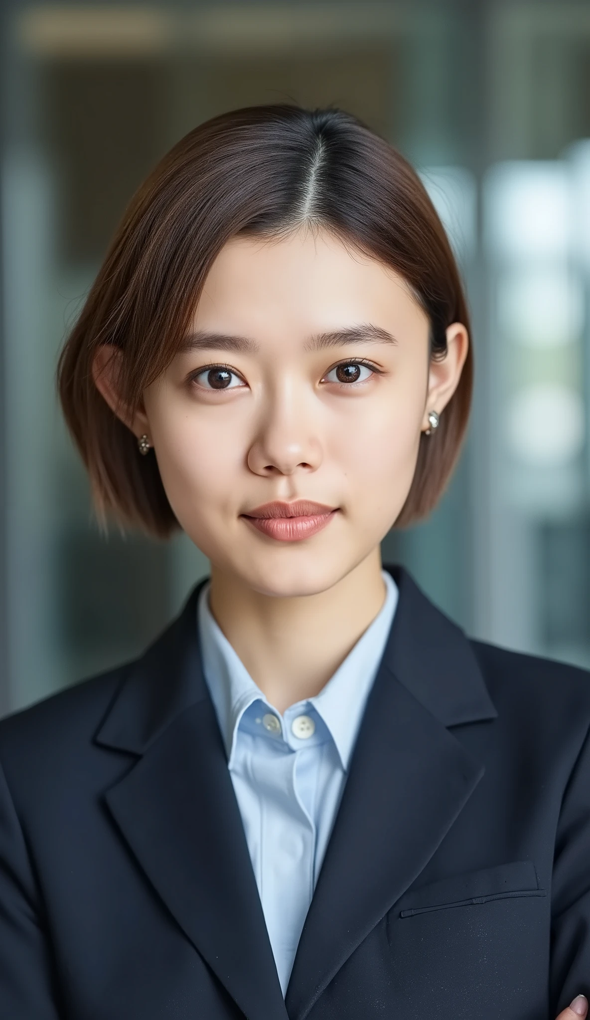 Neat Young Woman、looking at the camera、office lady suit、jacket、shirt、ear piercings、、hairstyle short bob、 、無表情、口を閉じている、、face close-up、The background is office