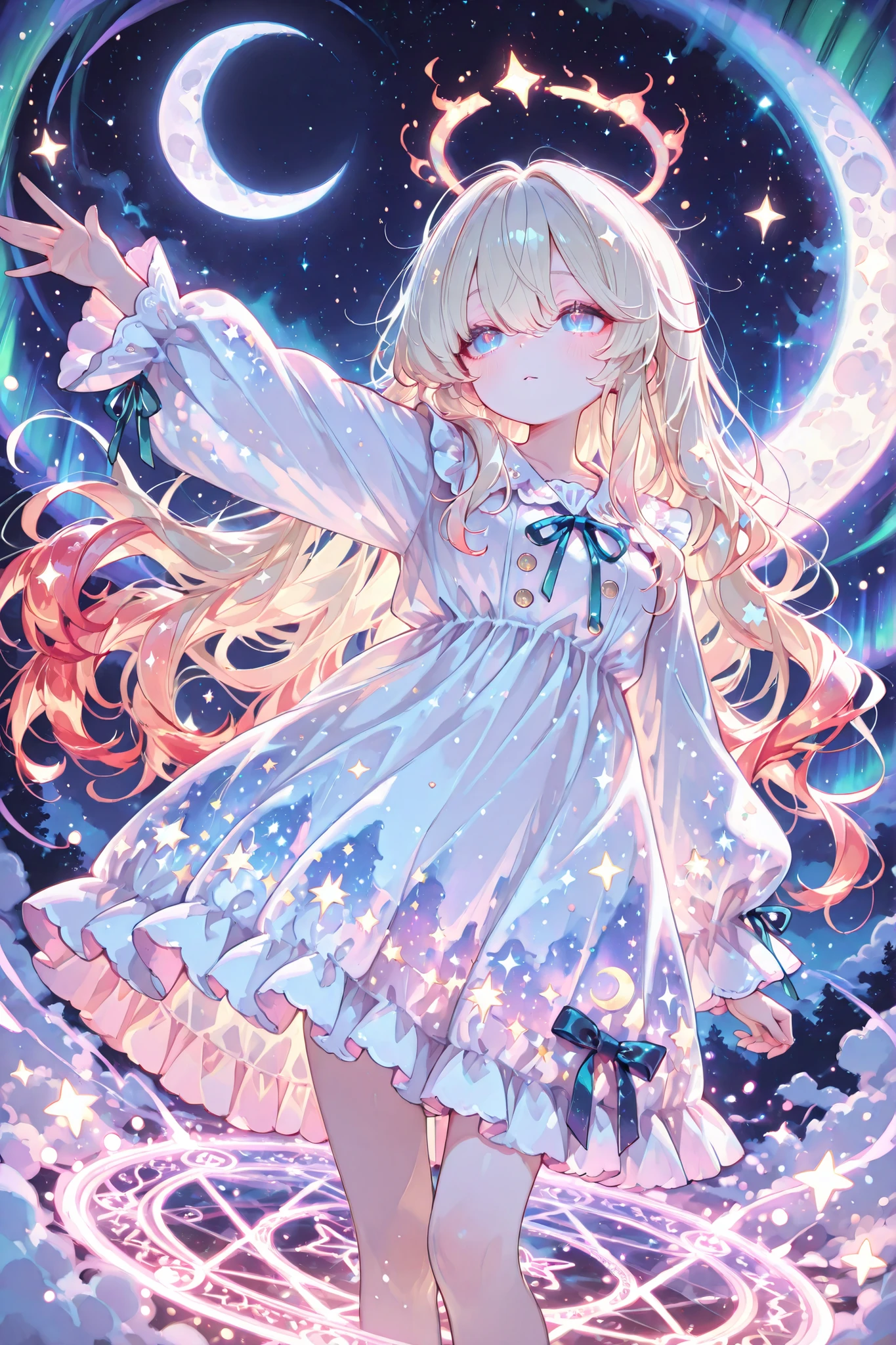 real adorable, petite , cute, In pajamas, double-breasted skirt and nightgown, decorated with ruffles and ribbons, aurora-like halo, Starry sky pattern, clothes blend into the background, somnolence, dim eyes, in the air, float, outstretched arm, magic circle, Surrounded by a halo, Fantastical . night sky, mid-air , Colorful shining stars, a fiery red crescent moon, ray tracing, Margaretha Zelle trong game Identity v