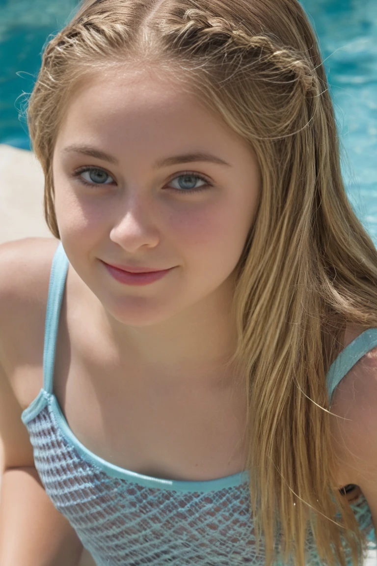 polaroid photo, night photo, photo of 12 yo pretty face, perfect face, cute, girl, Greek nose, pale skin, long blonde hair, blue eyes, bokeh, flashing, fully , happy, smiling,