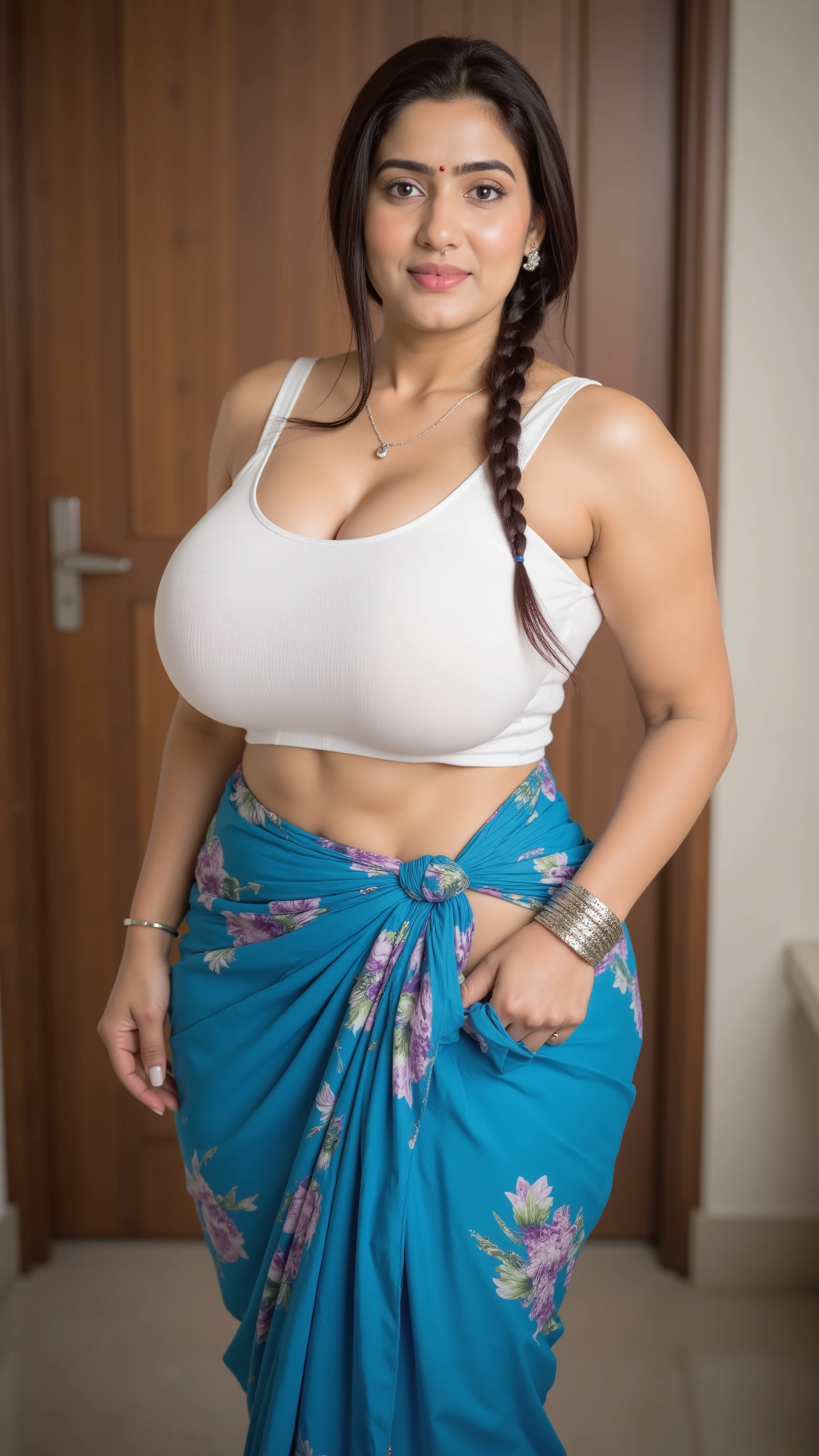 Kajal bhabhi, 35 year old woman, bindi on forhead , bangles, makeup, jhumka, nose pin ,necklace , free hair,realistic, , A woman stands confidently in a softly lit room, wearing a white sleeveless blouse. Her long, dark hair is styled in a single braid that cascades over her shoulder. She accessorizes with a silver bracelet on her right wrist and a delicate, decorative silver waist chain. The lower half of her outfit features a vibrant blue saree with a floral pattern, tied neatly at her waist. The background shows a wooden door and a neutral-toned wall. The setting suggests an indoor environment, possibly a home or a serene location. The mood is calm and poised, reflecting a blend of traditional and modern fashion elements.