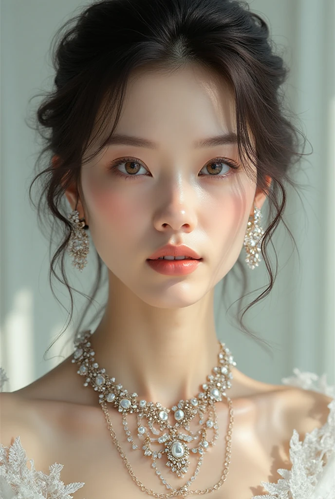 Elegant mature young woman wearing pink tatoe。Full body front view、Asian、The skin is relatively white、Luxurious clothing、Silky transparent lace on the clothes、Gold wire trim、Jewelry decoration、A pearl necklace hangs around her neck。