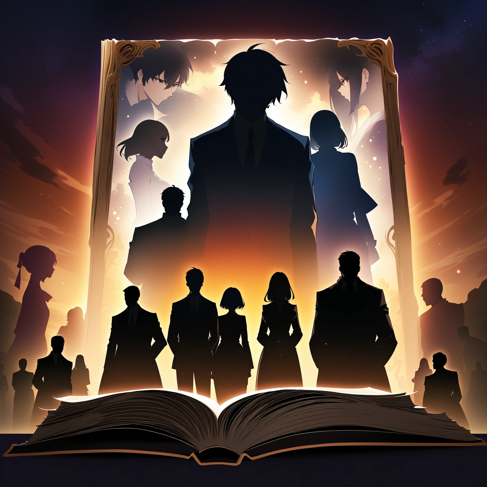 There are a few people with male and female silhouettes, and it seems like an incident will happen with the image of a serious and mystery book picture Anime-Style Illustration
