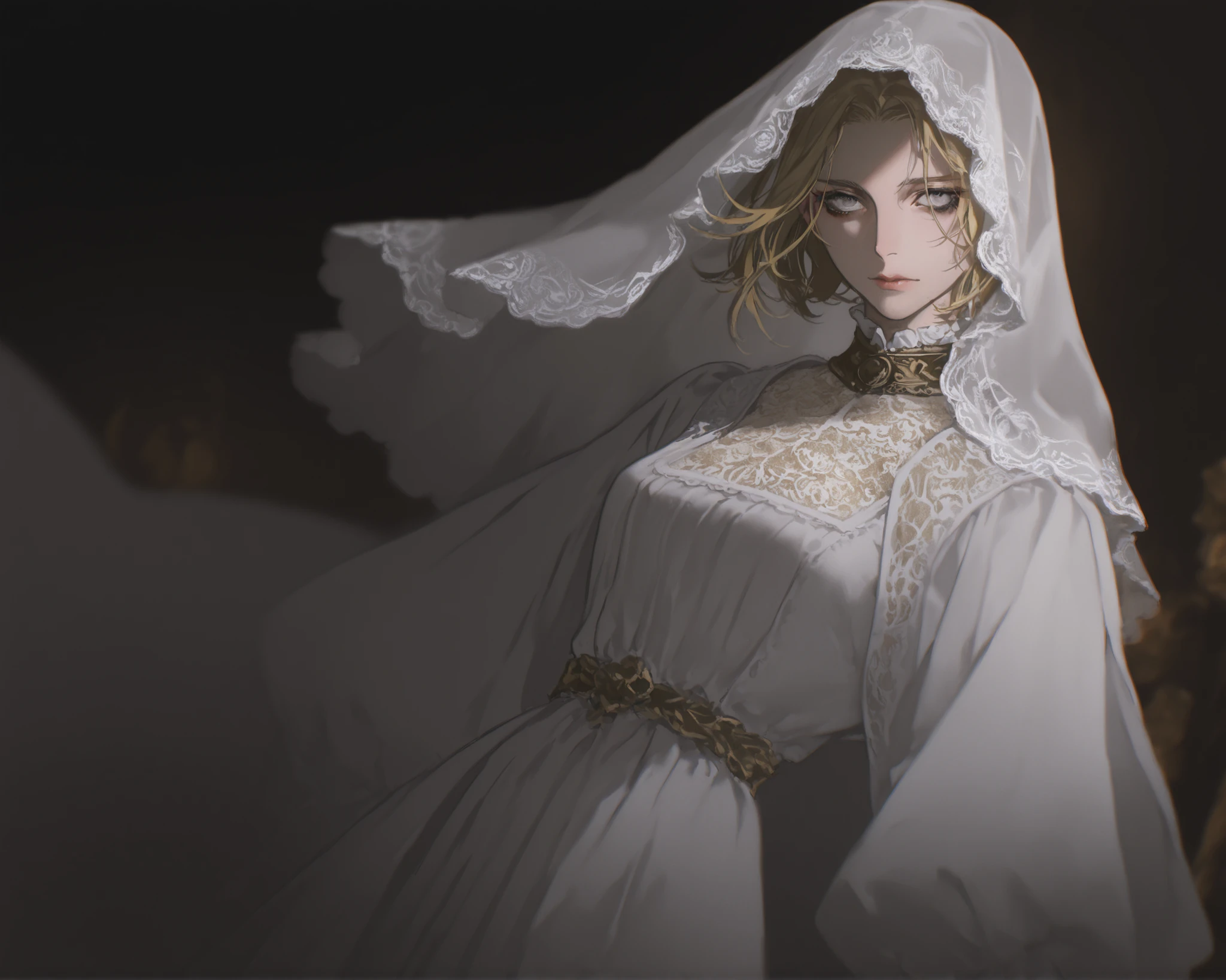 1girl, blonde_hair, female_character, pope, dynamic angle, looking at viewer, tight dress, short_hair, priestess, neutral expression, mature face, dark fantasy, golden roses, floral pattern, frills, white_dress, embroidery, 1girl, golden details, dark souls, elden ring, cowboy_shot, blurry, eyeliner, white veil, white hood, nuanime_style, gothic, goth, victorian, flowing robes, blurry_background, 1girl, yoneyama mai, pale, white_eyes, edgy fashion, victorian style, bold look, fashionable, solo, blurry, chromatic aberration, portrait, beautiful light, perfect contrast, realistic facial features, detailed features, defined features, semi-realistic style, attractive features, dark colors, dark lighting, painted style, detailed style, black outline, perfect detail, pale skin, eyebags, dull colors, anime style, semi-realistic, boy, clear background, lifeless colors, dirty filter, dark, watercolor coloring, masterpiece, ultra detailed, 4k, 8k, ultra hd, best