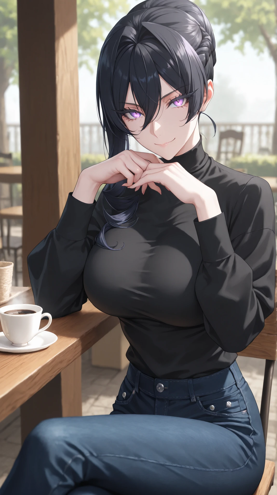 1girl, solo, anime girl, artoria pendragon (lancer) (fate), elegant mature woman, masterpiece, badass, very aesthetic, black hair, long hair, braid, braided bun, single hair bun, hair between eyes, purple eyes, sharp eye outlines, long eyelashes, light makeup, looking at viewer, alluring, small smile, , slim body, black turtleneck, navy denim jeans, sitting, legs crossed, coffee, day time, outdoor cafe, soft skin, volume light, depth of field, high detail, highres, detailed face, detailed eyes, perfect eyes, perfect composition, intricate details, detailed and polished anime style, {{Detailed hand}}, {{Perfect hand}}, {{five anatomically accurate fingers}}, 4K, 8K