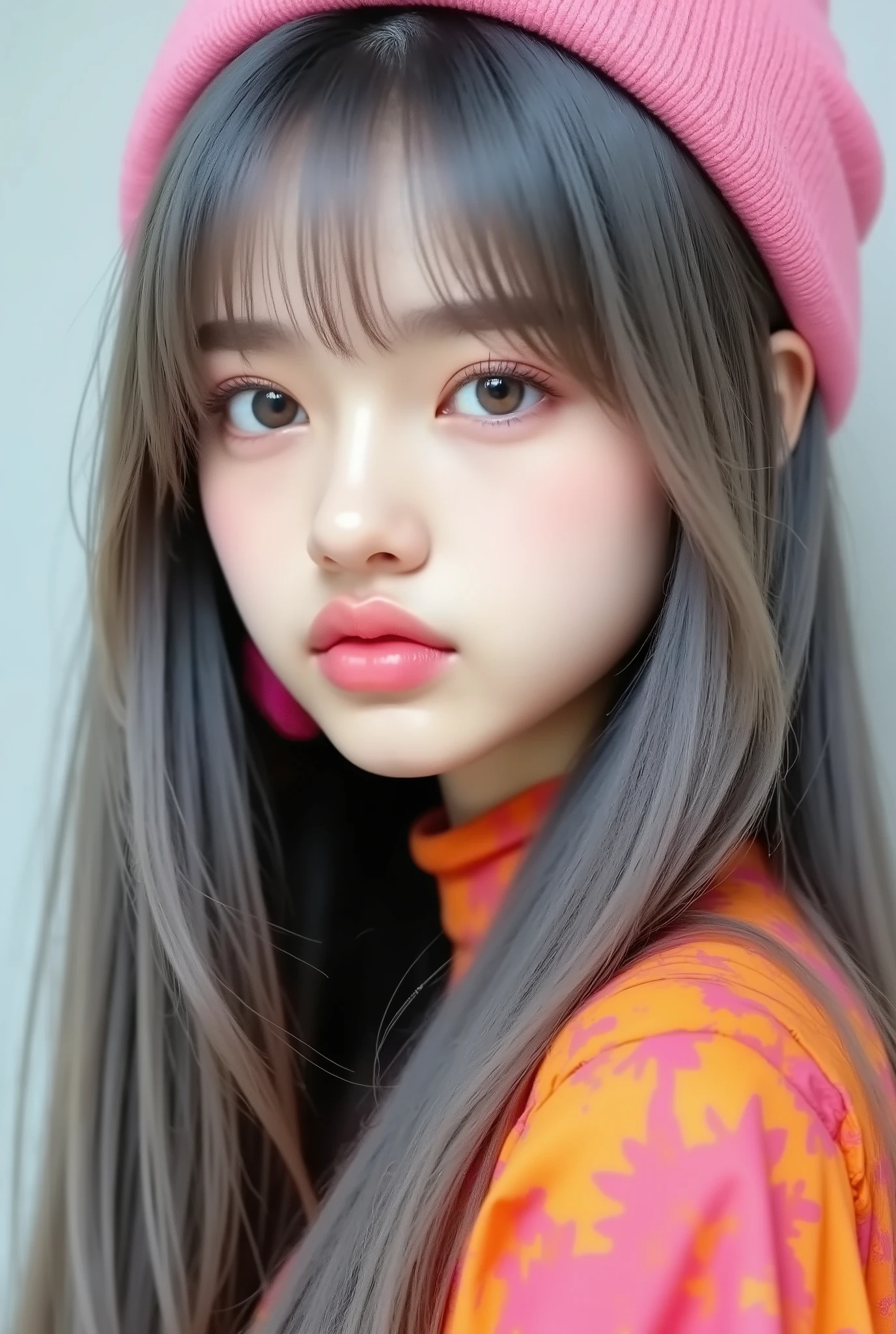 8k , masterpiece , Highest Quality , beautiful Korean women , a close-up of a woman with long gray hair and white skin . pink beanie with、wearing a colorful plant or animal print shirt . Straight Bangs、an up of a woman with hair hanging down to hide her eyes , and she wears large acrylic earrings in fluorescent pink and orange . The background is a white flat、shadows that change slightly in the direction of the corner .