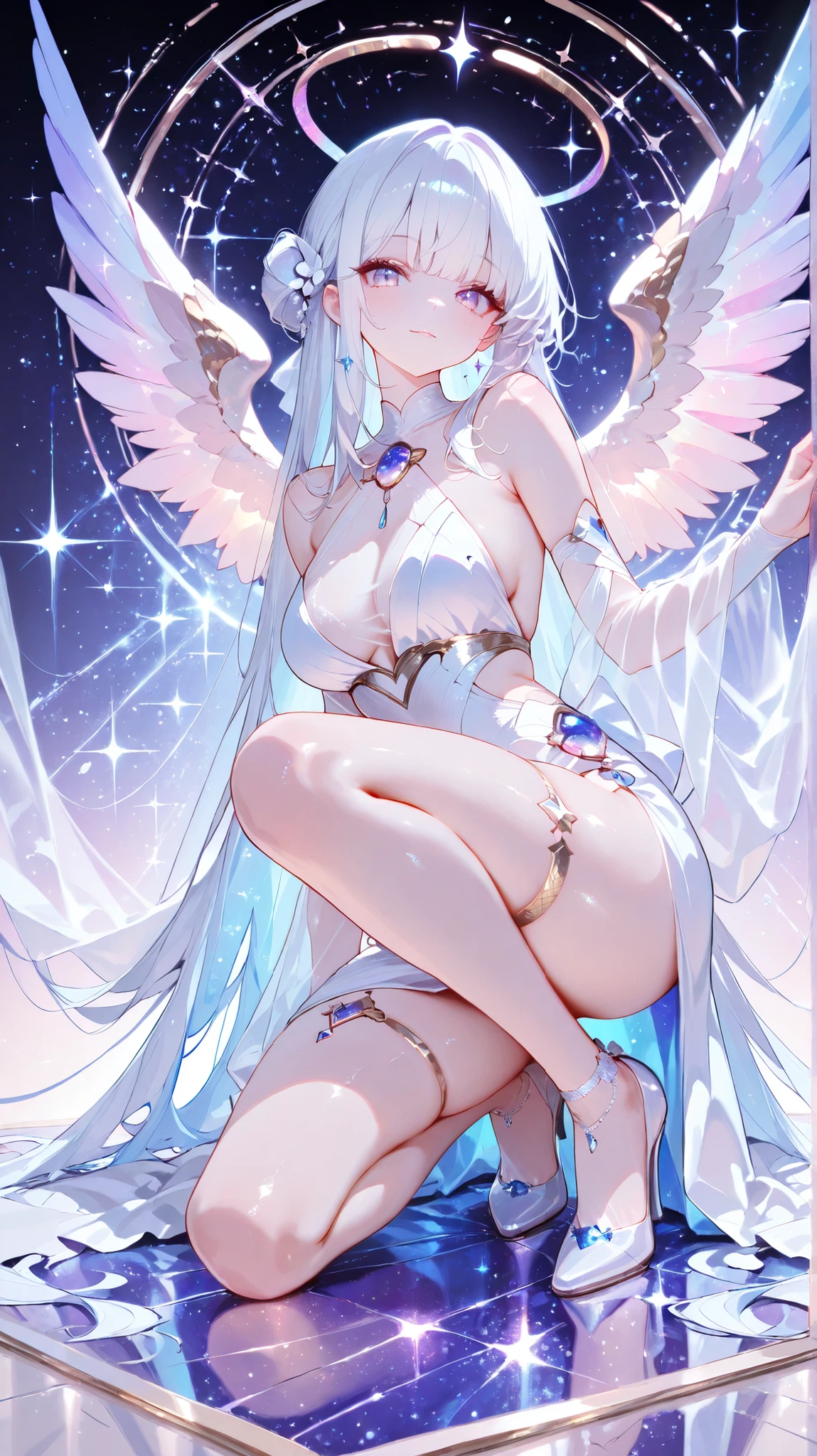  is a very pretty woman,gem、 See-through, with one knee 、 Celestial, complicated, elegant, (Sparkling Background),l, elegant, sharp concentration, Bright Colors、My servant, 白い髪、白い睫毛