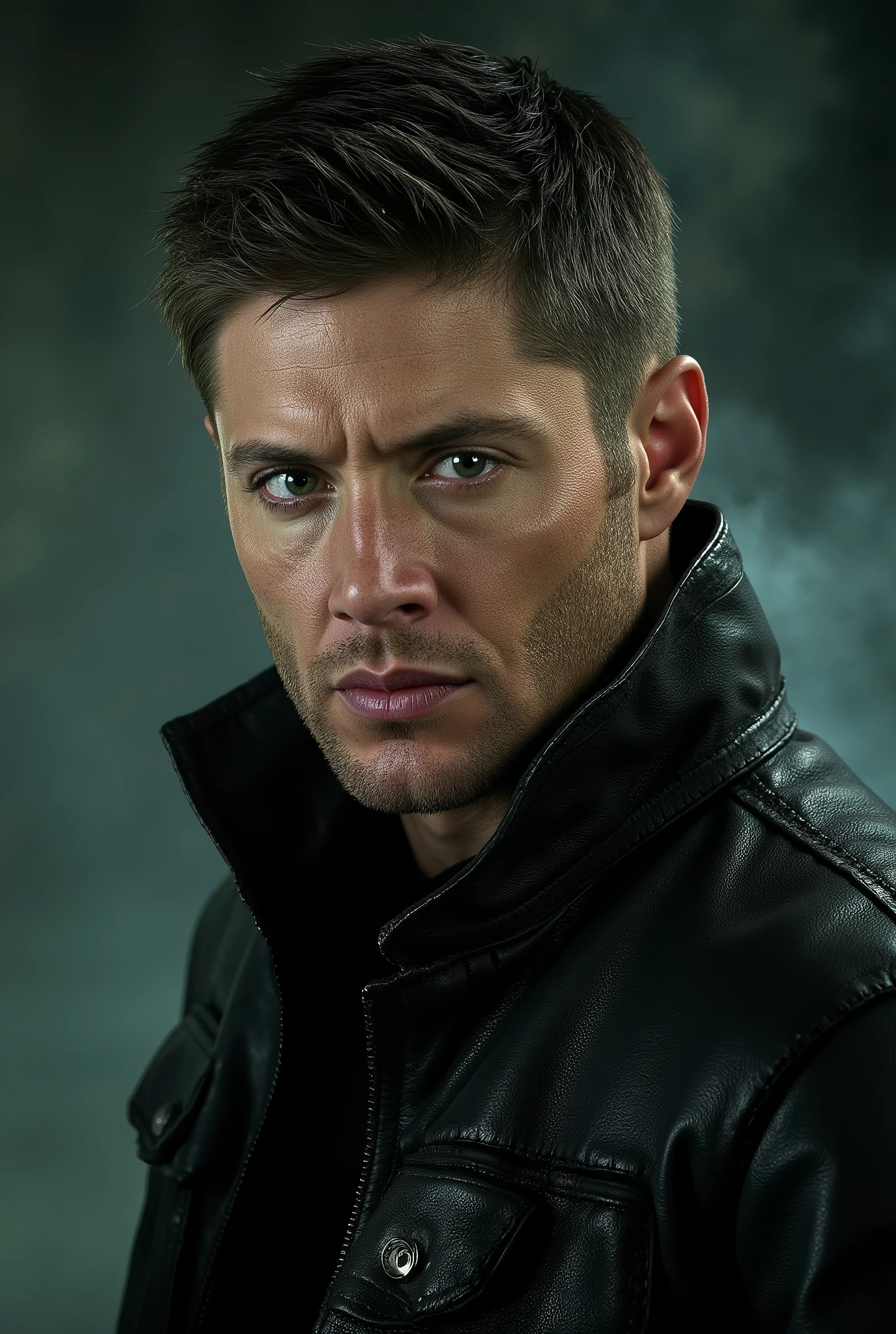 cinematic portrait of a rugged demon hunter, short hair, green eyes, leather jacket, intense expression, dramatic lighting, dark smoky background, ultra-realistic, volumetric light, 35mm depth of field