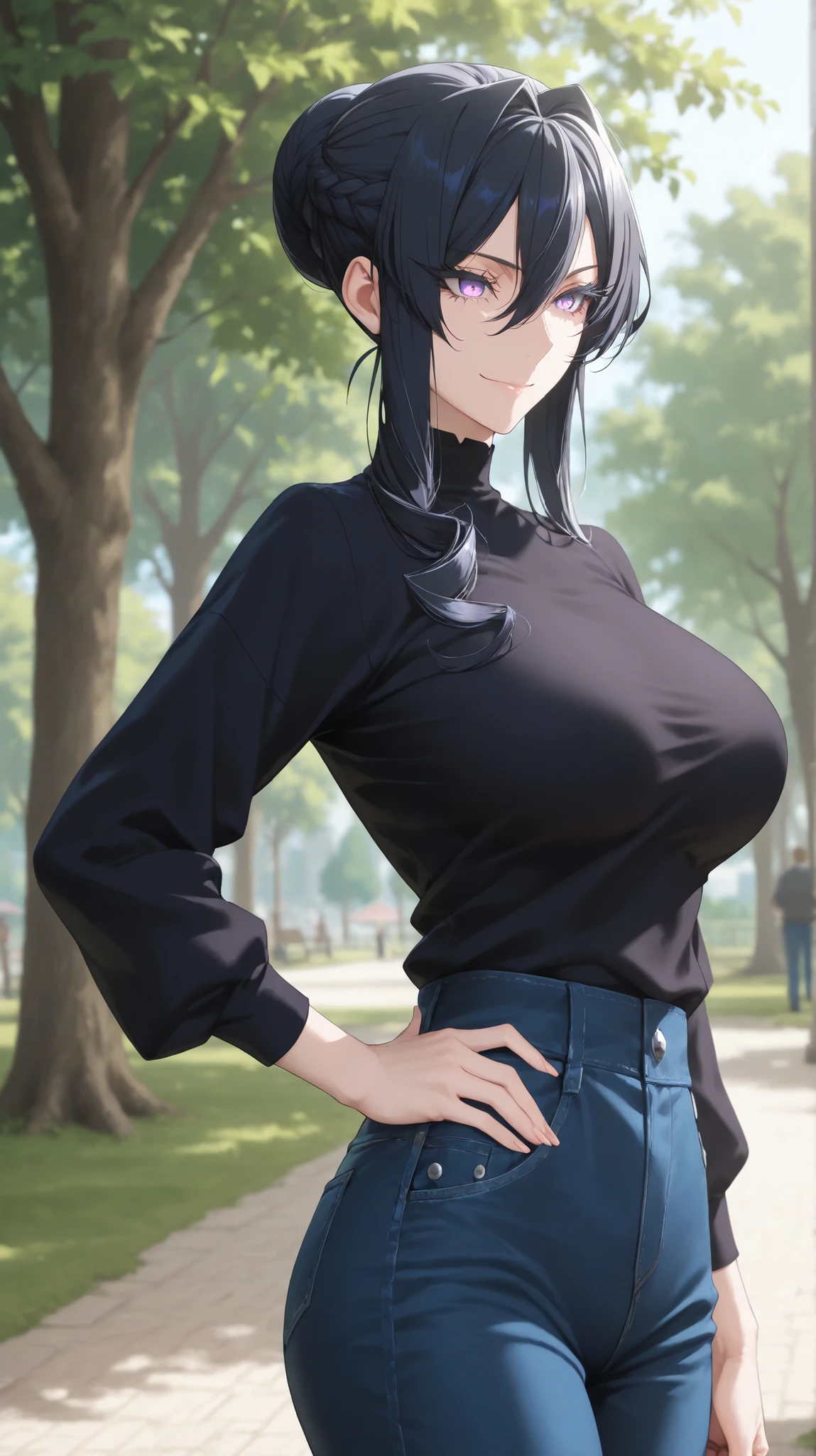 1girl, solo, anime girl, artoria pendragon (lancer) (fate), elegant mature woman, masterpiece, badass, very aesthetic, black hair, long hair, braid, braided bun, single hair bun, hair between eyes, purple eyes, sharp eye outlines, long eyelashes, light makeup, small smile, , slim body, black turtleneck, navy denim jeans, standing, hand on hip, day time, outdoor park, soft skin, volume light, depth of field, high detail, highres, detailed face, detailed eyes, perfect eyes, perfect composition, intricate details, detailed and polished anime style, {{Detailed hand}}, {{Perfect hand}}, {{five anatomically accurate fingers}}, 4K, 8K