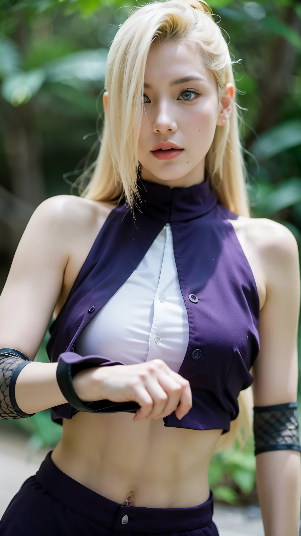Yamanaka Ino from Naruto Shippuden, half-body portrait, realistic and super detailed style, ultra HD quality, long blonde hair flowing naturally, wearing her iconic purple outfit, confident and elegant expression, soft natural lighting, smooth skin texture, realistic eyes with subtle reflections, detailed fabric textures, cinematic background with gentle blur, masterpiece, hyperrealistic anime-to-real transformation