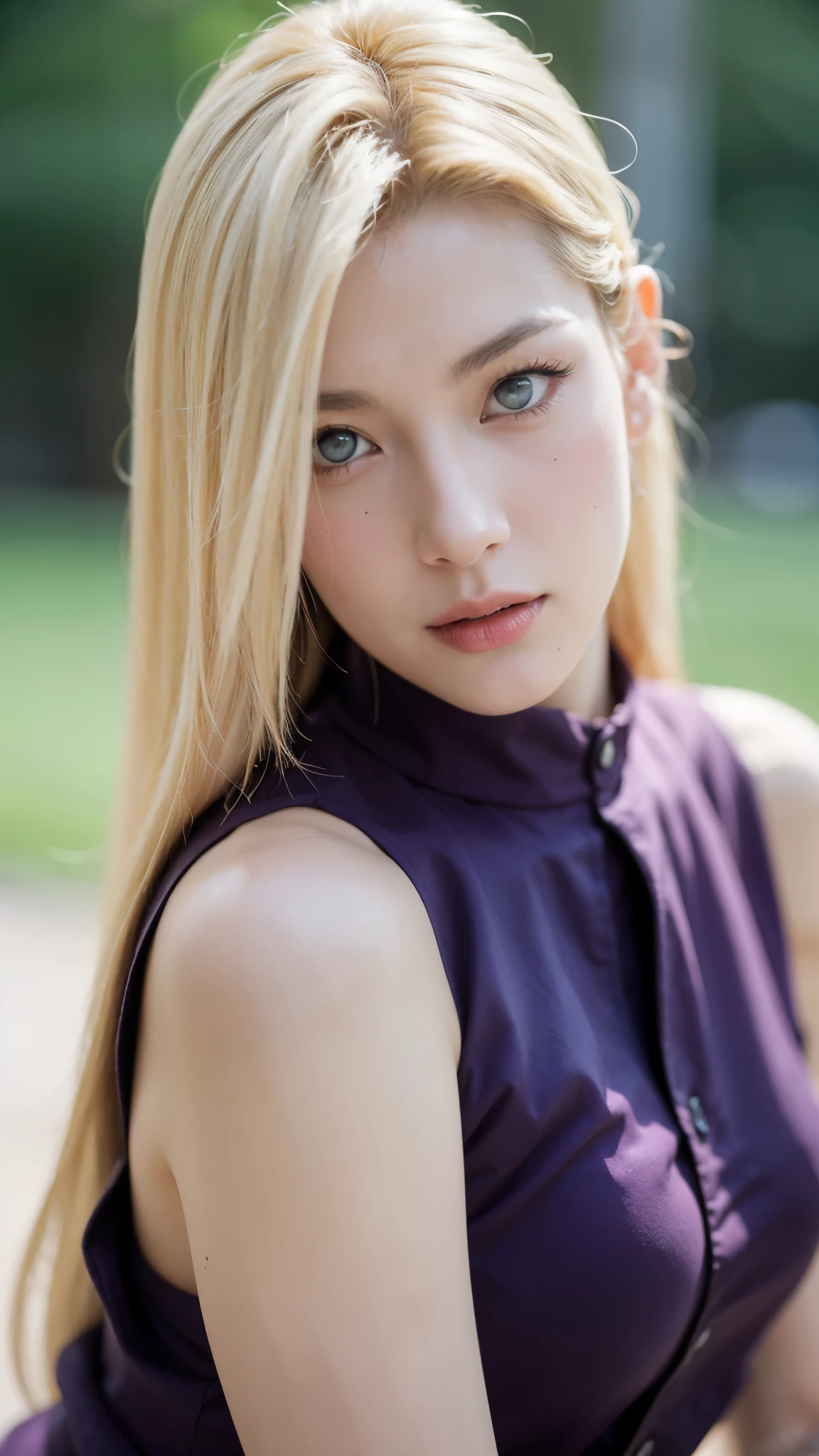 Yamanaka Ino from Naruto Shippuden, half-body portrait, realistic and super detailed style, ultra HD quality, long blonde hair flowing naturally, wearing her iconic purple outfit, confident and elegant expression, soft natural lighting, smooth skin texture, realistic eyes with subtle reflections, detailed fabric textures, cinematic background with gentle blur, masterpiece, hyperrealistic anime-to-real transformation