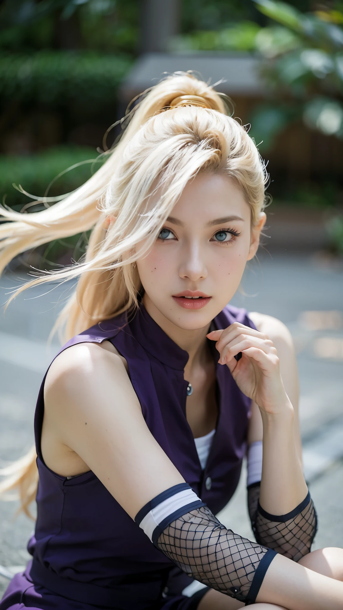 Yamanaka Ino from Naruto Shippuden, half-body portrait, realistic and super detailed style, ultra HD quality, long blonde hair flowing naturally, wearing her iconic purple outfit, confident and elegant expression, soft natural lighting, smooth skin texture, realistic eyes with subtle reflections, detailed fabric textures, cinematic background with gentle blur, masterpiece, hyperrealistic anime-to-real transformation