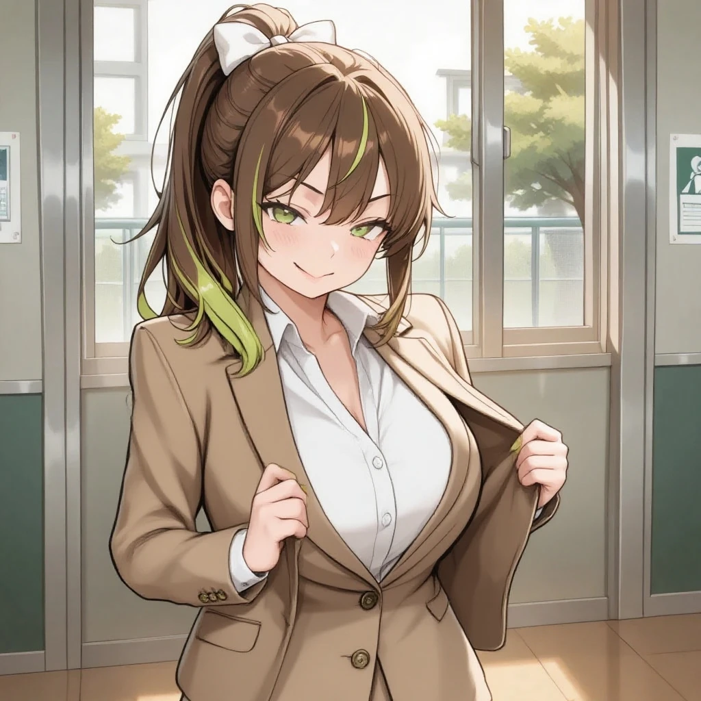 1girl, solo, (( <lora:souma_souko:1> , souma_souko, piercing yellow eyes, clear eyes, bright pupils, beautiful eyes, beautiful brown hair, medium bob haircut, bangs, huge and shaggy breast, thin waist, wide hips, beautiful skin, natural beauty, extraordinary beautiful woman, attractive woman, super sexy woman, lustful body, sexy woman with seductive obscene body, sensual body, voluptuous body, sexy beauty, )) , ((formal, white-striped green suit jacket, long-sleeves white shirt, white-striped green pencil skirt, sexy sheer brown pantyhose, )) , sexy pose, seducative smile, public, shopping mall, public shopping mall, looking at viewer, horny, seductive, hands behind back, standing, from below, cowboy shot, front view, closing up, leans forward,