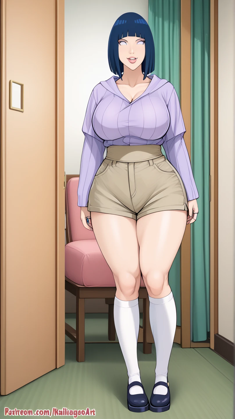 Himiko_toga, (masterpiece, highest quality,perfect lighting), 1 girl, alone, grin, portrait, , thick thighs, round ?????, high heels, Buttons fly off the shirt, Are standing, put your hands behind your back