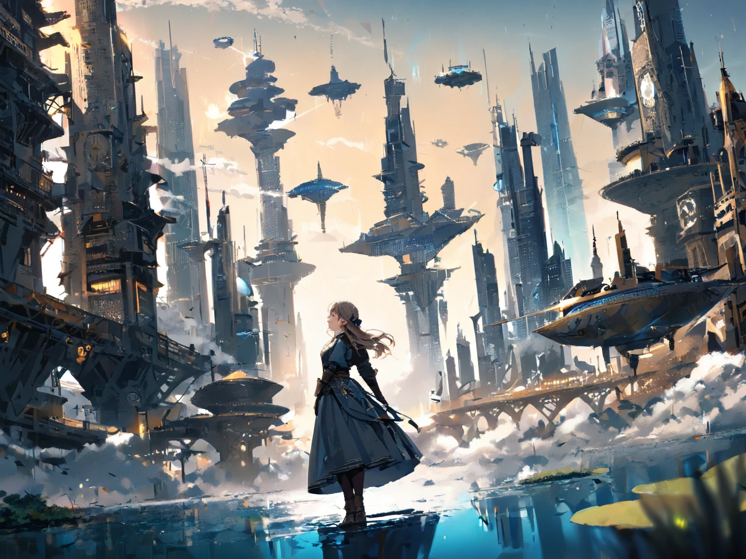Maritime city，sense of science and technology，Future City，There are spaceships in the sky，There are giant ships in the sea，Beautiful woman looking out over the city。