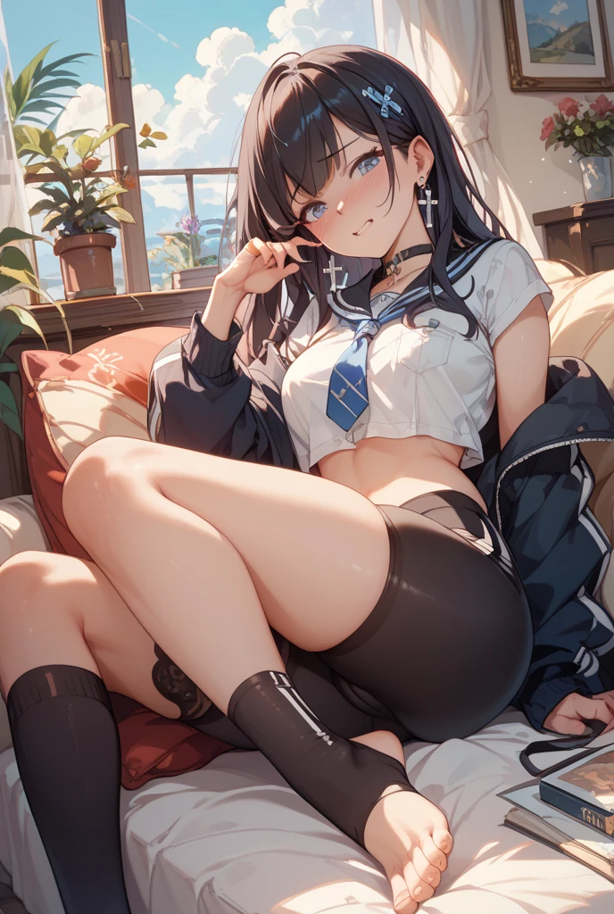 (Best quality, 8k, 32k, Masterpiece, UHD,:1.2),RAW, human, 1girl,ultra cute , ultra cute, natural lighting, transparent shining eyes, 20yo, medium ?????? ,femur, fair complexion , flushed face, ((Long sleeve black cardigan, white collared shirt, black pleated mini skirt), dark red bow tie), shiny, sitting on sofa, bending knees, holding knees, from front, show off panties, 