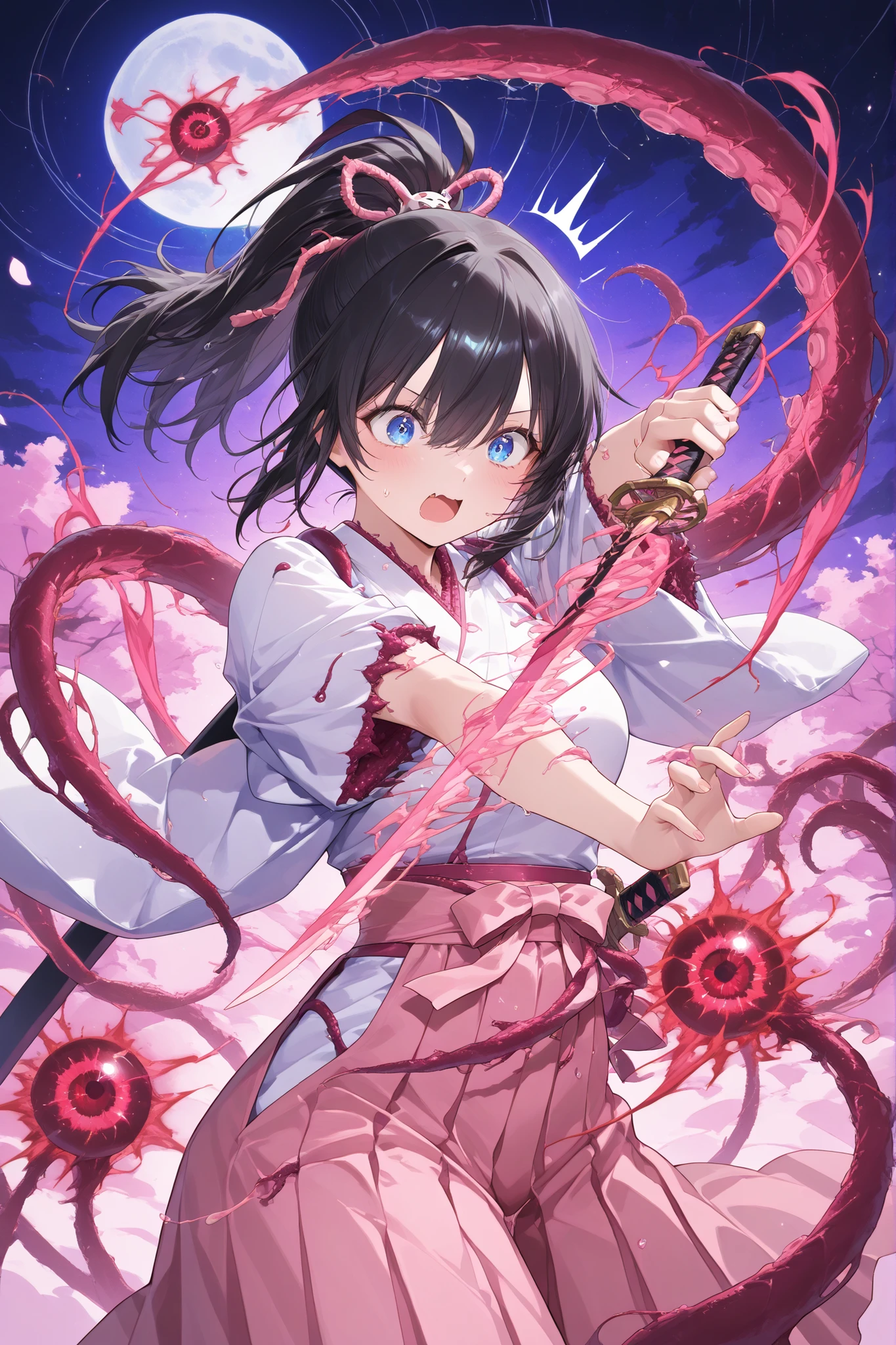 black hair ponytail、blue eyes、white sleeveless kimono、Pink Hakama、holding katana、The sword is shaken off horizontally、red magic dwells in the blade、dynamic movement、 in detail、In the highest quality、The background is Demon Realm 、magic effect、straighten the sword、Draw the sword completely、Magical Sword、Complete the girl's hand、Girls have 5 fingers、tentacle clothes,There are many tentacles in the clothes、the girl is climax、The girl has a surprised expression、Tentacles are sticking out of clothes、The tentacle sphere has one big eye、The tentacle sphere absorbs girls' magic