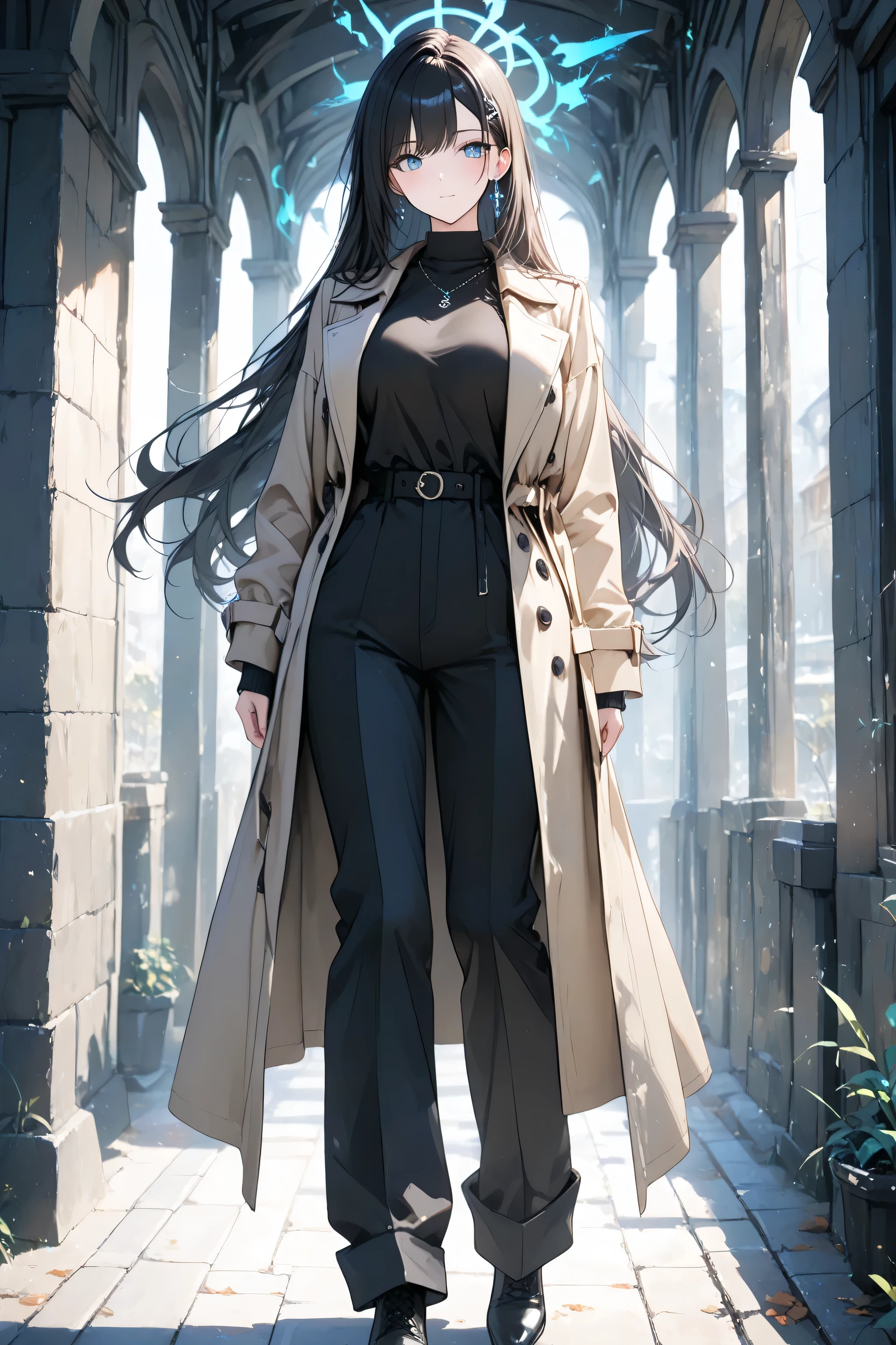 Detailed anime-style character, human, female, tall, adult, standing, full body. A professional, masterfully-rendered portrait. **Minimalist trench coat and tailored trousers**, **sleek black, charcoal gray, and crisp white color palette**. Subtle aura, natural light, natural colors, delicate features, serene expression, expressive posture. High resolution, 4K, ultra-detailed, physically-based rendering, vivid colors.