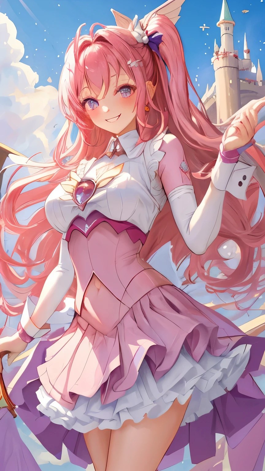 Magical girl flying in front of a floating castle in the sky,viewers,has a gentle smile,Big wings,pink gold long hair,fluttering hair,Cute Costumes,cool cane