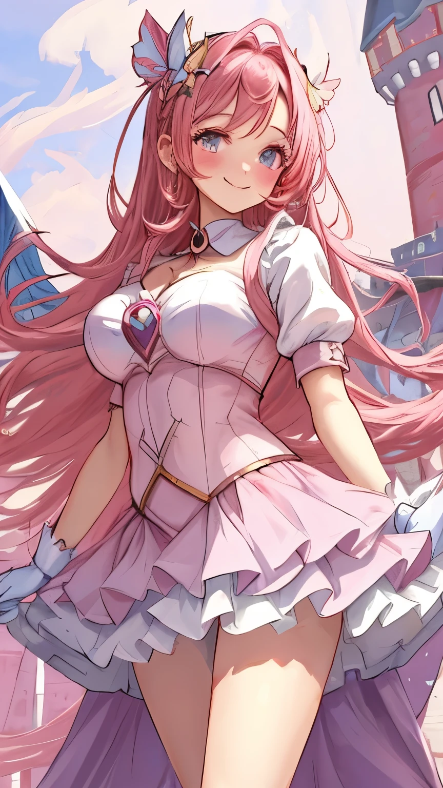 Magical girl flying in front of a floating castle in the sky,viewers,has a gentle smile,Big wings,pink gold long hair,fluttering hair,Cute Costumes,cool cane