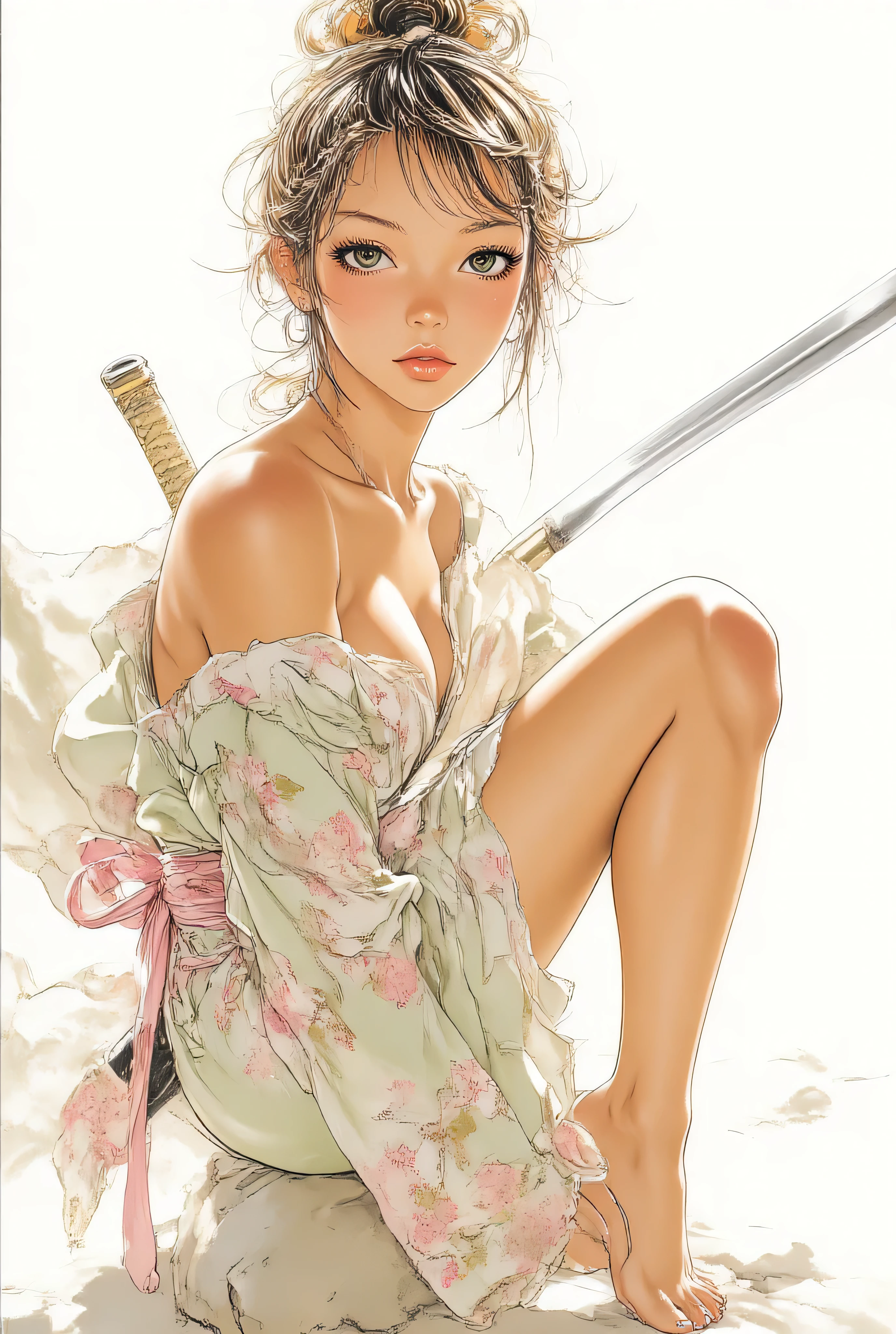 (masterpiece, best quality, ultra-realistic, photorealistic, cinematic rendering), a stunning young female warrior, (agile, graceful, dynamic one-legged balance pose:1.3), martial arts stance, elegant combat dance. Focused gaze, serene yet determined expression, calm intensity.
She wears a (modified silk kimono, off-the-shoulder, short length, elegant folds:1.2) in pale sage green, with (pastel pink trim and sleeves:1.1). The fabric has a (delicate, intricate cherry blossom pattern, sakura texture). A (wide dark pink obi, tightly fastened, accentuating waist:1.1).
She holds a (Japanese katana sword:1.3) in her right hand, blade pointing downward, sharp and gleaming. (Barefoot:1.2) on a smooth, light-colored rock.
(Ash blonde hair:1.1) tied in a (messy high bun, wisps of hair framing face:1.1). (Natural yet elegant makeup, subtle nude lipstick, soft blush).
(Very intense, diffused studio lighting:1.4), (atmospheric blown out white background:1.5), bright halo effect, subject isolation. (High contrast, strong silhouette on edges). Soft yet defined shadows, sculptural lighting.
(Sharp focus on subject, shallow depth of field, creamy bokeh). Full body shot.
(Ultra-detailed skin, intricate fabric textures, metallic sheen on katana, visible hair strands:1.3), 4K, 8K, high resolution.