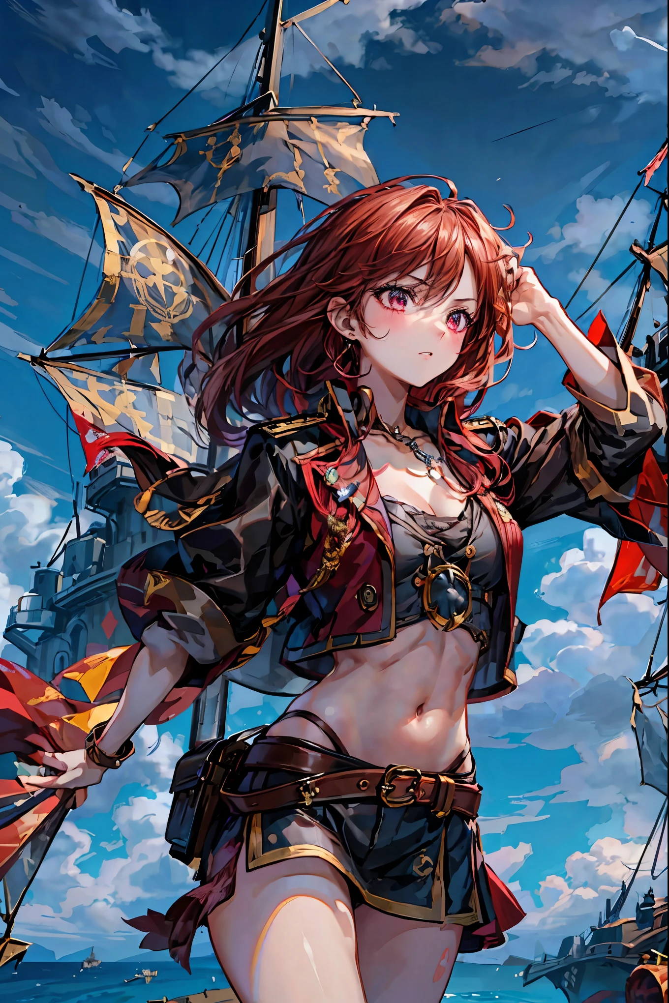 The Enchanted Pirate,A powerful pirate ship,A magnificent ship's hull,A rolling ocean,A vibrant scarlet flag,A pirate captain full of adventurous spirit,night,St. Elmo's Fire,meteor、空から降り注ぐmeteor、無数のmeteor群,The Ship Wrapped in the Hand of Fire,A gaze with thick eyelashes,A look like a noble thief,The captain's solemn posture,Extreme detail,Realistic,professional,Incredibly detailed,masterpiece,4K,High Quality,ultimate reality,Dramatic Lighting,dynamic composition,Overwhelming Realism,Dark tones and highly saturated accents,A lively marine painting