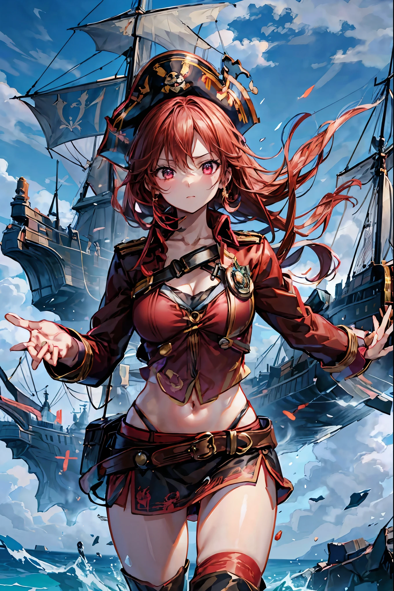 The Enchanted Pirate,A powerful pirate ship,A magnificent ship's hull,A rolling ocean,A vibrant scarlet flag,A pirate captain full of adventurous spirit,night,St. Elmo's Fire,meteor、空から降り注ぐmeteor、無数のmeteor群,The Ship Wrapped in the Hand of Fire,A gaze with thick eyelashes,A look like a noble thief,The captain's solemn posture,Extreme detail,Realistic,professional,Incredibly detailed,masterpiece,4K,High Quality,ultimate reality,Dramatic Lighting,dynamic composition,Overwhelming Realism,Dark tones and highly saturated accents,A lively marine painting