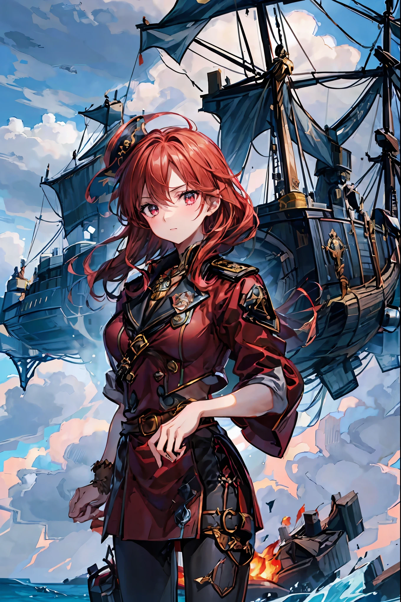 The Enchanted Pirate,A powerful pirate ship,A magnificent ship's hull,A rolling ocean,A vibrant scarlet flag,A pirate captain full of adventurous spirit,night,St. Elmo's Fire,meteor、空から降り注ぐmeteor、無数のmeteor群,The Ship Wrapped in the Hand of Fire,A gaze with thick eyelashes,A look like a noble thief,The captain's solemn posture,Extreme detail,Realistic,professional,Incredibly detailed,masterpiece,4K,High Quality,ultimate reality,Dramatic Lighting,dynamic composition,Overwhelming Realism,Dark tones and highly saturated accents,A lively marine painting