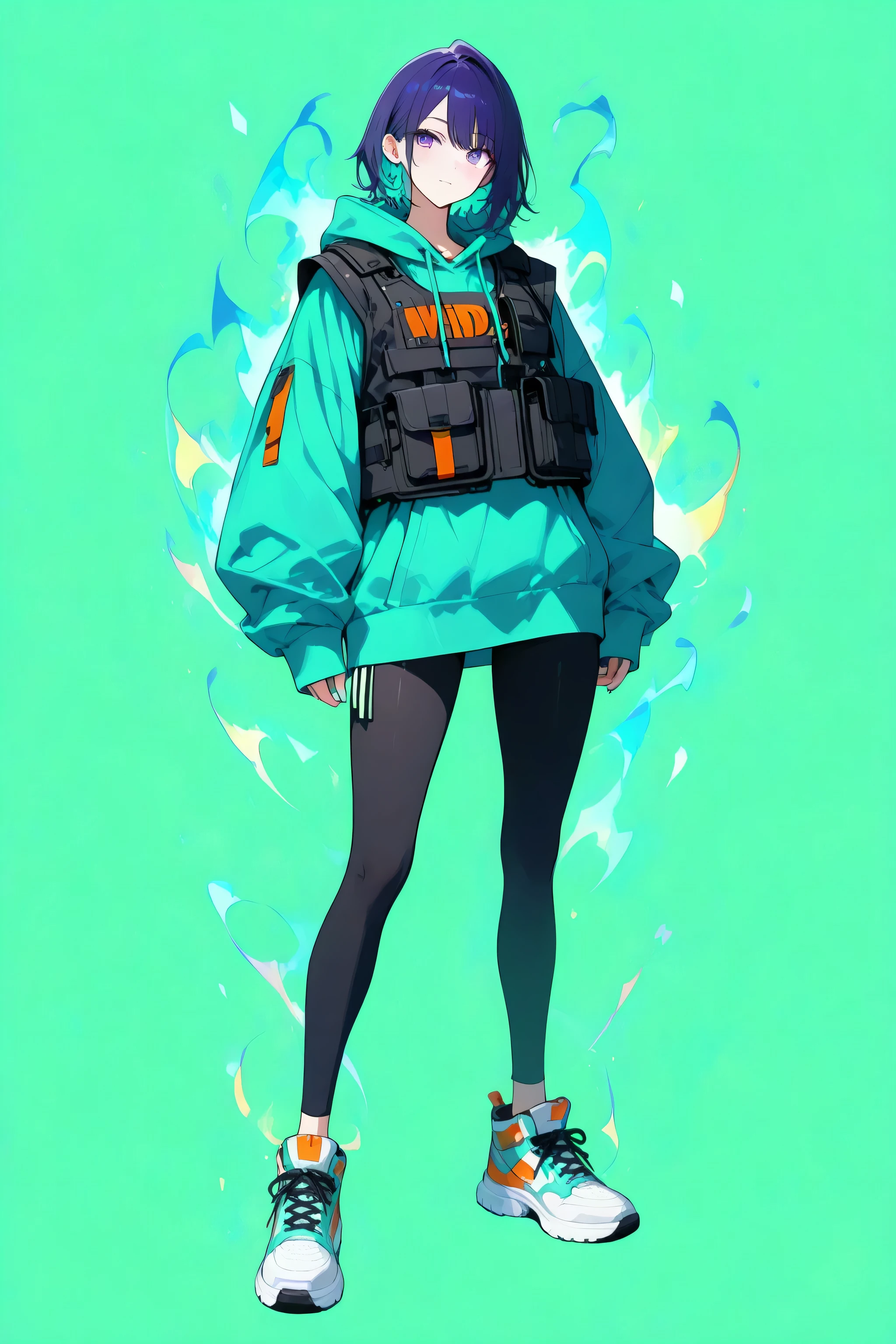 Detailed anime-style character, human, female, tall, adult, standing, full body. A professional, masterfully-rendered portrait. **Oversized hoodie, layered with a utility vest, chunky sneakers**. **Vibrant teal, neon orange, and deep indigo color palette**. Subtle aura, natural light, natural colors, delicate features, serene expression, expressive posture. High resolution, 4K, ultra-detailed, physically-based rendering, vivid colors.plain and neutral green background