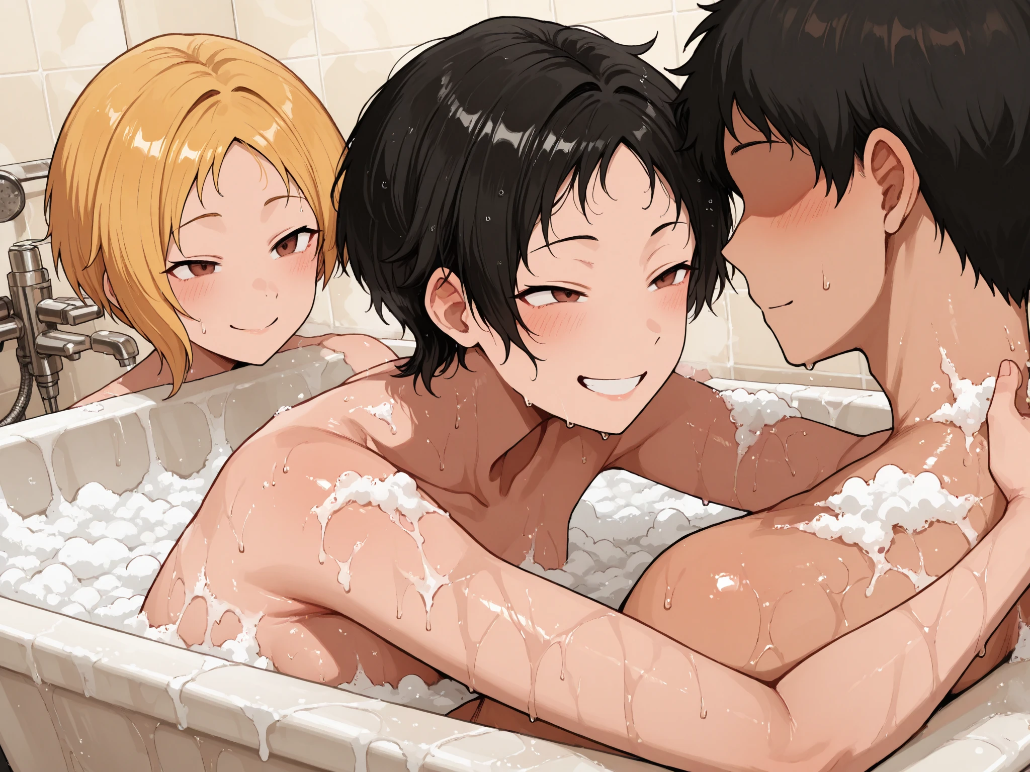 Highest quality, movie quality, gay children, 2 children who are played with nipples on the bench in the changing room, boy's  (9 years old, straight hair, black hair and blonde, upper body naked, slender, lower body in white briefs), sweat and breath, sweat stain briefs