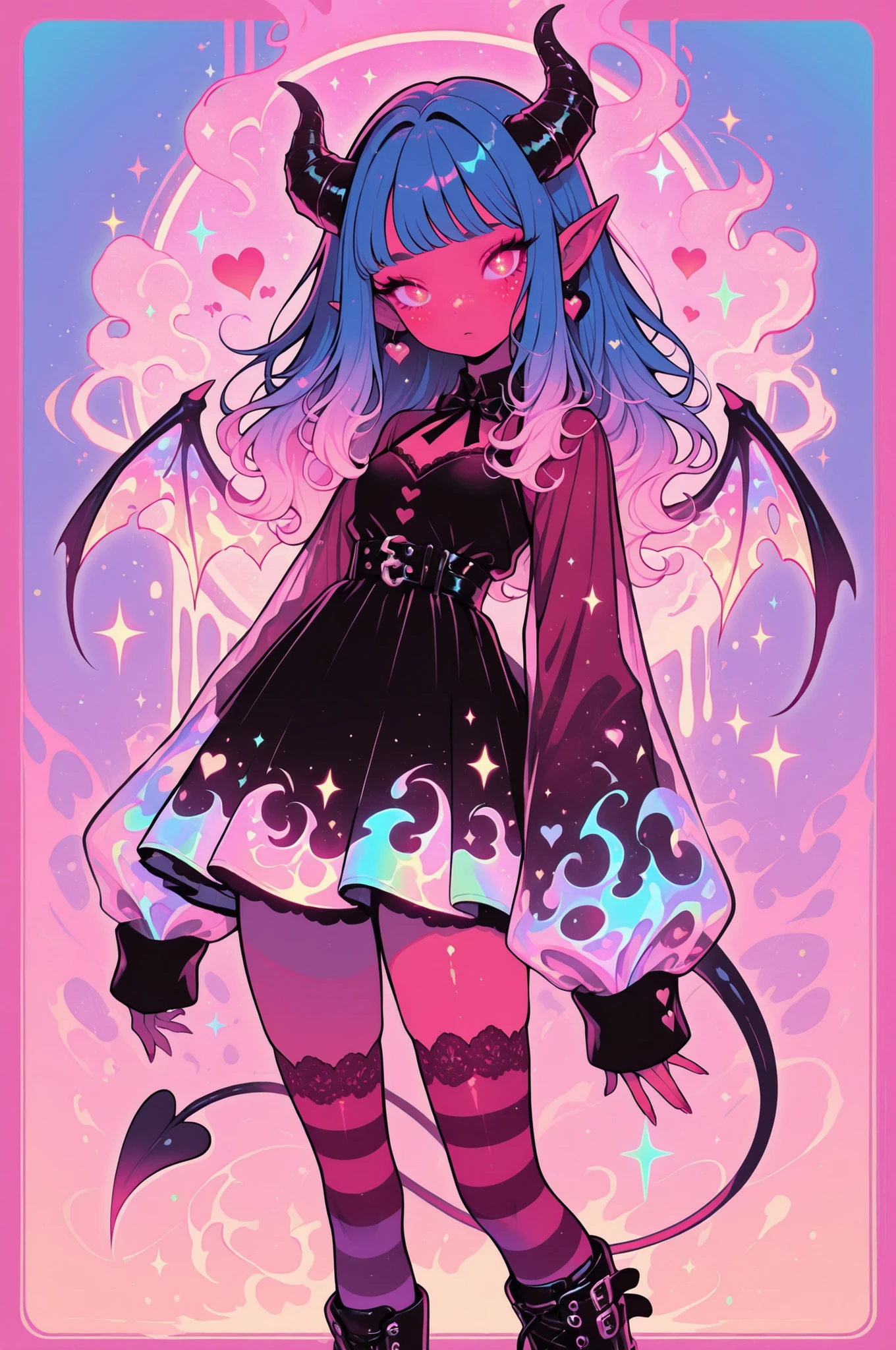 cElesTiana,neon dreamcore,iridescent glow,holographic,pastel void,luminescent skin,celestial tones,smooth reflective surface,glowing eyes,shimmercore,1girl, Red skin, Red irises, Freckles, long hair, (rich darker blue hair), Pointed ears, bangs, Succubus tail, Freckles all over the body, demon horns, demon wings, demon tail, tight red dress, sheer sleeves, sleeves past hands, red lace thigh highs, stripes, black bows, black boots, fully clothed, pink border, hearts, smooth quality, cutecore, kawaiicore, cute, kawaii, pastel colors, high saturation, satuarated shadows, soft, soft shading, saturated details, contrast light, holographic colors, glowing line, luminescent colors, irredescent, contrast light, holographic colors, glowing line, luminescent colors, Fire elemental, holographic fire background
