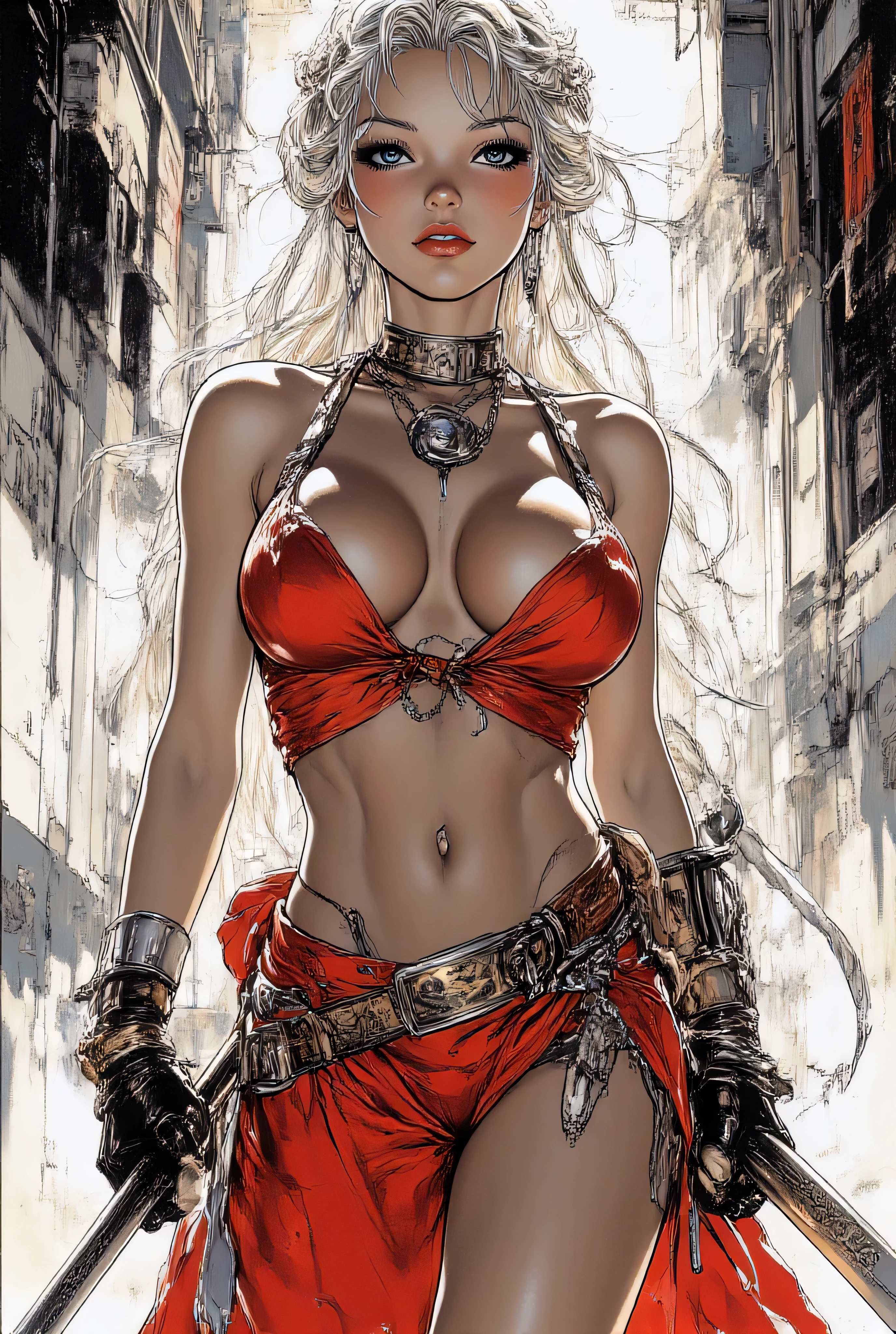 Subject/Composition: Black and white (monochrome), ultra-detailed, cinematic portrait of A hyper-detailed, sensual fantasy illustration of a breathtaking warrior woman with long, flowing white braids. She has porcelain skin, a slender yet athletic body, and a navel piercing. She wears a daring, revealing red outfit in the style of Luis Royo: a deep plunging V-neck top with intricate straps and metallic details, paired with a short, flowing skirt slit high on the thigh, exposing her toned figure. The fabric clings to her curves while still looking elegant and battle-ready.
She holds two glowing, razor-sharp swords crossed behind her back, their ancient blades etched with runes. Her expression is intense and alluring, with a faint, dangerous smile.
Lighting/Style: High contrast, dramatic chiaroscuro lighting. Strong single light source casting deep shadows, highlighting muscle tone and texture. Ultra-realistic detail, fine film grain, high sharpness. Tense, humid atmosphere.
Styles/Artists: Photorealism, Cinematic Lighting, Hyperdetailed, Greg Rutkowski, Artgerm, Loish, Blade Runner, Akira, Ghost in the Shell.