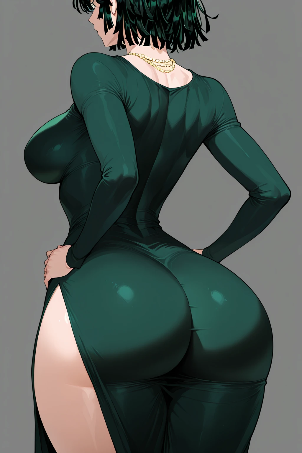 (best quality:1.2, Absurdres), (masterpiece:1.4), ultra detailed, 1girl,fubuki,green hair, green eyes, intricate details, beautiful girl, stunning looks, detailed eyes and detailed face, pink lips, (Black leotard, black gloves), long hair, side locks, bangs, shiny skin, soft volumetric lighting, cinematic lighting, anatomically correct, full body, ((slim thick, wide hips, slim waist, thigh gap, perfect body, huge ass, huge breasts )), cameltoe, perfect anatomically correct hands , (from behind:1.3), dynamic pose, (artstation:1.2), jay marvel style