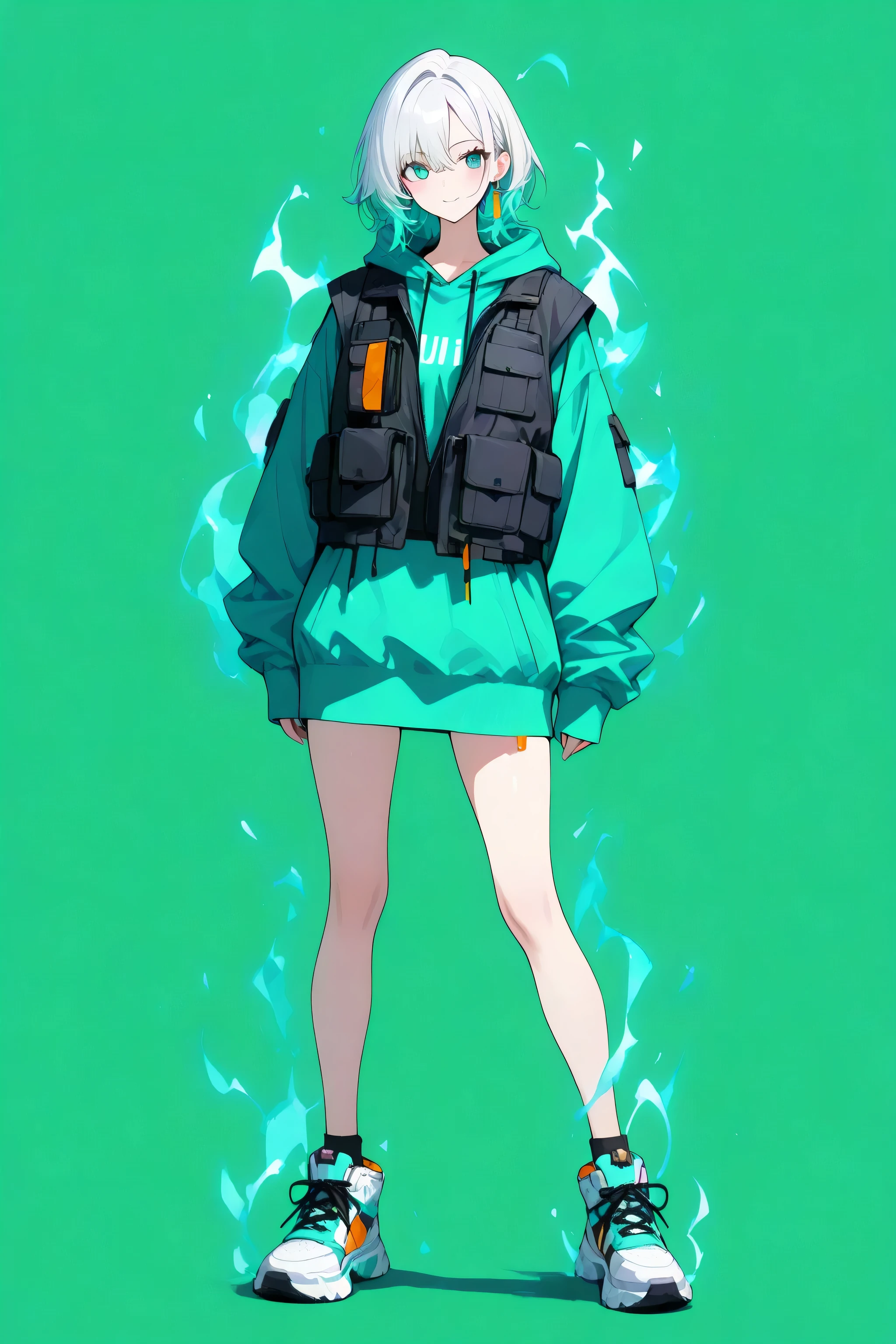 Detailed anime-style character, human, female, tall, adult, standing, full body. A professional, masterfully-rendered portrait. **Oversized hoodie, layered with a utility vest, chunky sneakers**. **Vibrant teal, neon orange, and deep indigo color palette**. Subtle aura, natural light, natural colors, delicate features, serene expression, expressive posture. High resolution, 4K, ultra-detailed, physically-based rendering, vivid colors.solid green background , clear colour sepration between subject and background, character colours unaffected by background, vibrant colors