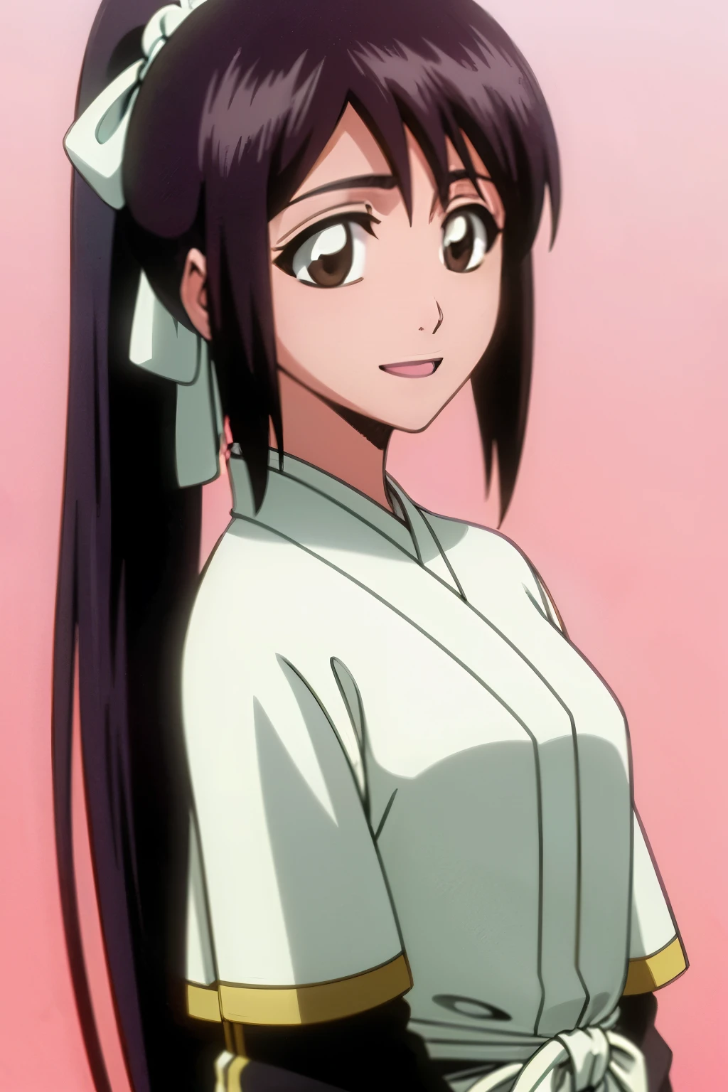 masterpiece, Highest quality , one girl from the side , romantic love , black hair,ponytail, single , Straight long hair, Vancouver, brown eyes, kimono, white sleeveless coat ,Captain's coat without white sleeves, black kimono , smile, alone, I'm looking for , simple background