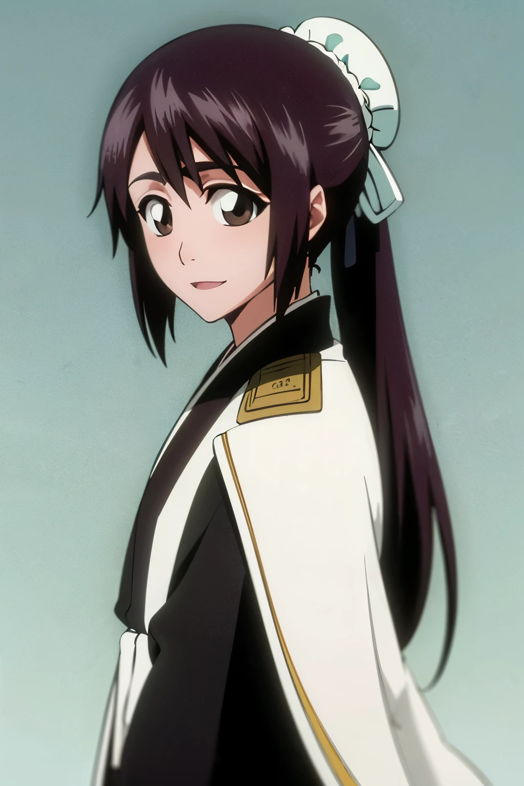 masterpiece, Highest quality , one girl from the side , romantic love , black hair,ponytail, single , Straight long hair, Vancouver, brown eyes, kimono, white sleeveless coat ,Captain's coat without white sleeves, black kimono , smile, alone, I'm looking for , simple background