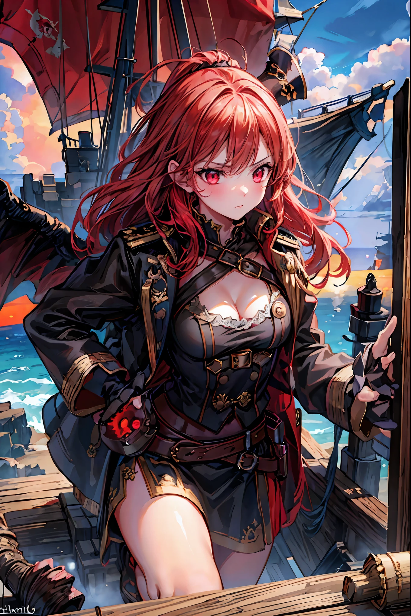 The Enchanted Pirate,A powerful pirate ship,A magnificent ship's hull,A rolling ocean,A vibrant scarlet flag,A pirate captain full of adventurous spirit,night，St. Elmo's Fire，meteor、空から降り注ぐmeteor、無数のmeteor群，The Ship Wrapped in the Hand of Fire，A gaze with thick eyelashes,A look like a noble thief,The captain's solemn posture,Extreme detail,Realistic,professional,Incredibly detailed,masterpiece,4K,High Quality,ultimate reality,Dramatic Lighting,dynamic composition,Overwhelming Realism,Dark tones and highly saturated accents,A lively marine painting