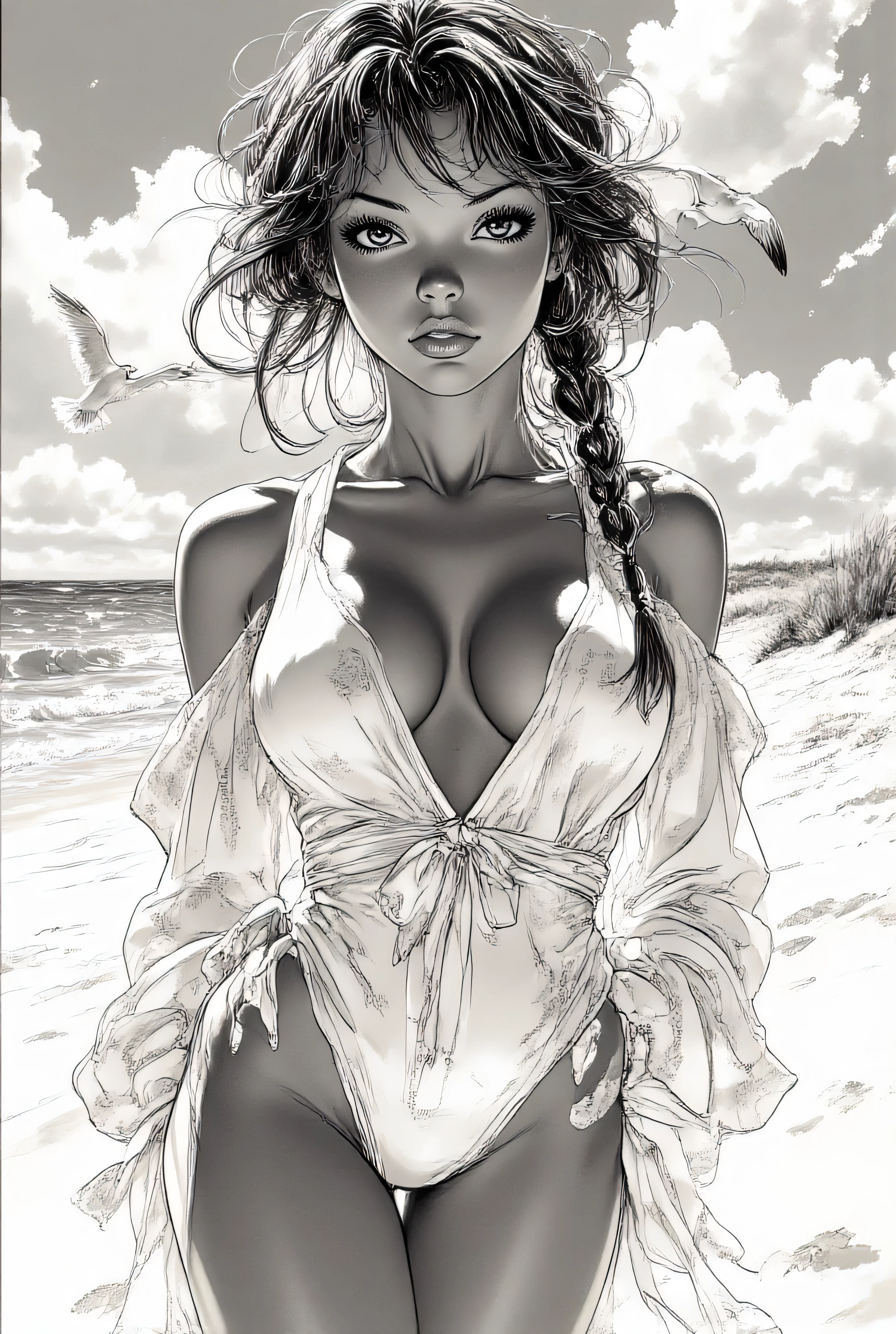 Subject/Composition: Black and white (monochrome), ultra-detailed, cinematic portrait of "rough style", a minimalist canvas, loose expressive lines, brushstrokes that capture the essence of the facial features, a continuous sketch, a touch of surrealism. A beach near the dunes and at the seaside, seagulls in the sky, a beautiful woman standing, black skin, thriving slim sexy body, arms along the body, head up, green eyes, ruffled red/brown hair, average length , tied on the sides, using small bow ties in two braids. She is dressed in a very transparent white robe((sexy sling swimsuit1:1.3)) open on the front, micro slip, lifted by the wind, the atmosphere is fascinating”
Lighting/Style: High contrast, dramatic chiaroscuro lighting. Strong single light source casting deep shadows, highlighting muscle tone and texture. Ultra-realistic detail, fine film grain, high sharpness. Tense, humid atmosphere.
Styles/Artists: Photorealism, Cinematic Lighting, Hyperdetailed, Greg Rutkowski, Artgerm, Loish, Blade Runner, Akira, Ghost in the Shell.